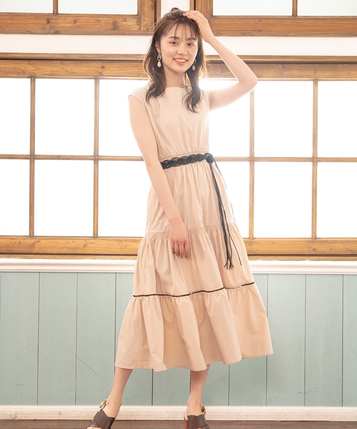 タイプライター配色ベルト付マキシワンピース M ベージュ Willselection 公式オンラインショップ バーンデストローズ