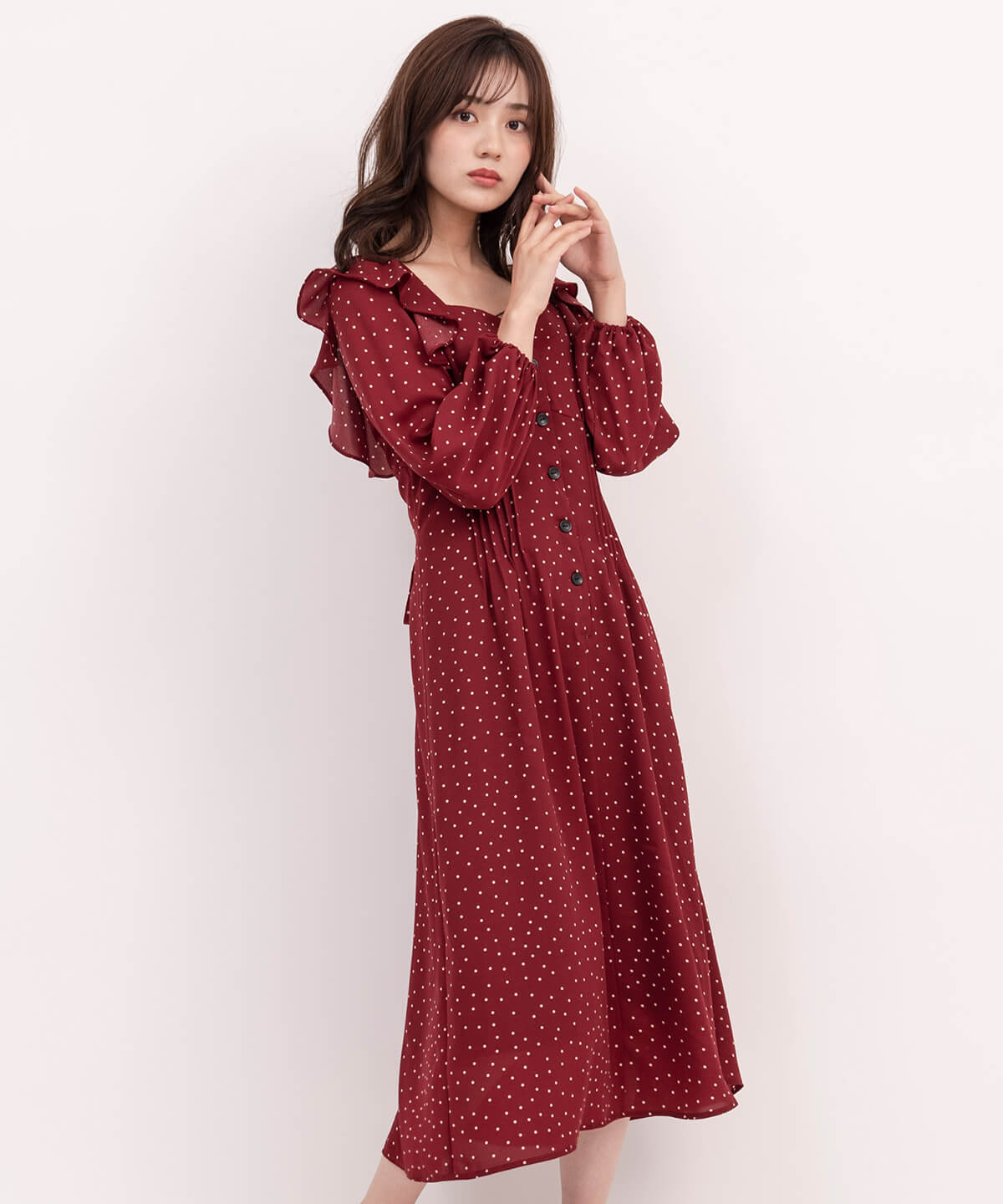 取扱い店舗一覧 ドットショルダーラッフルワンピース M エンジ Willselection 公式オンラインショップ バーンデストローズ