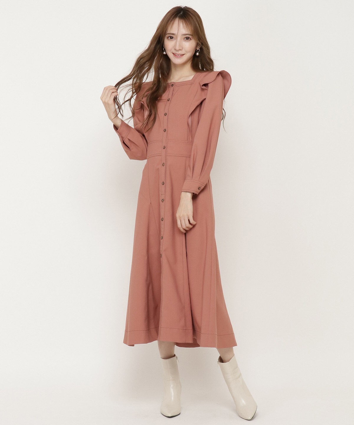 配色ステッチラッフルパフスリーブワンピース M ピンク Willselection 公式オンラインショップ バーンデストローズ
