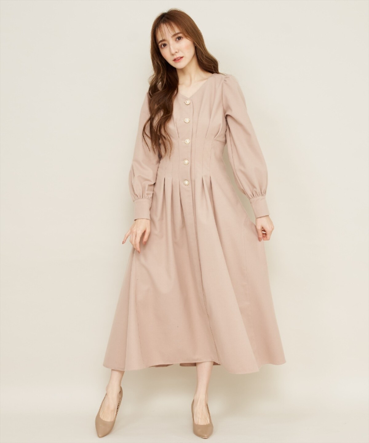 ビジューボタンタックフレアワンピース M ベージュ Willselection 公式オンラインショップ バーンデストローズ