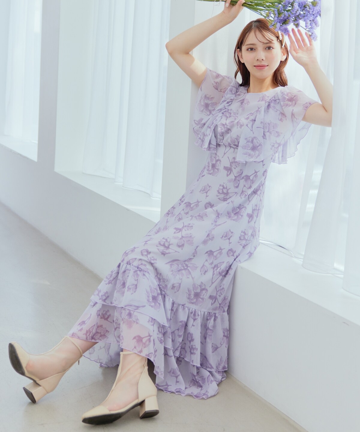 【WILLSELECTION】ラインフラワー袖フリルワンピース
