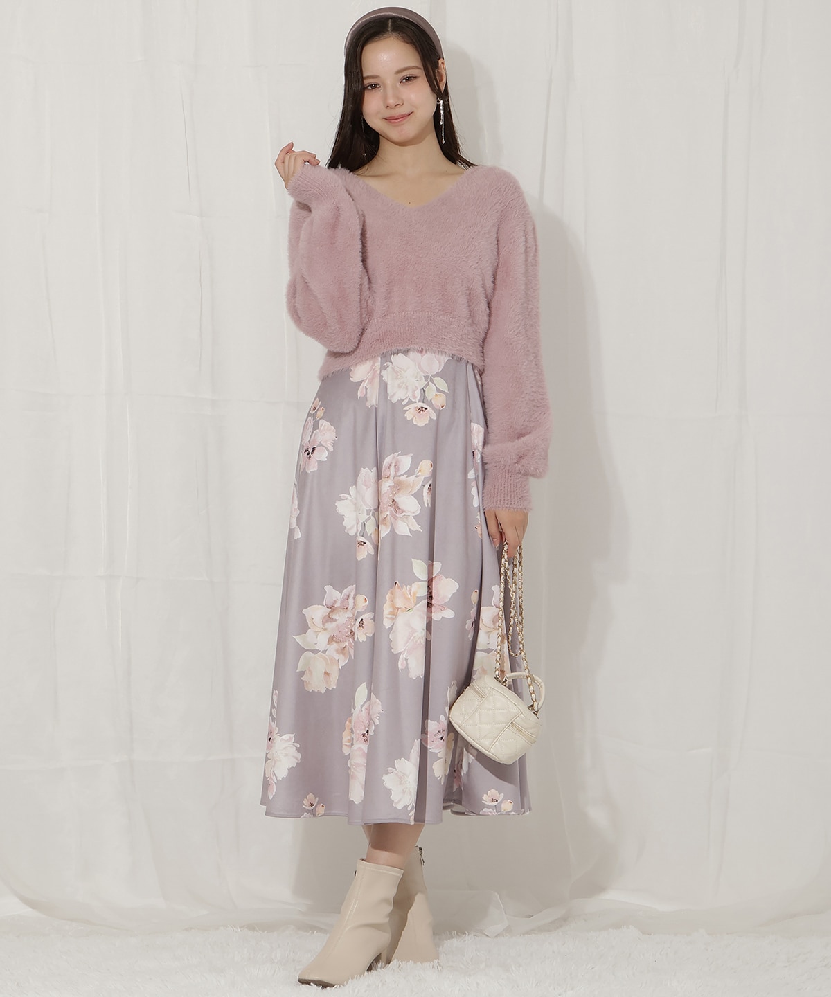 シャギーニット×フレアワンピース