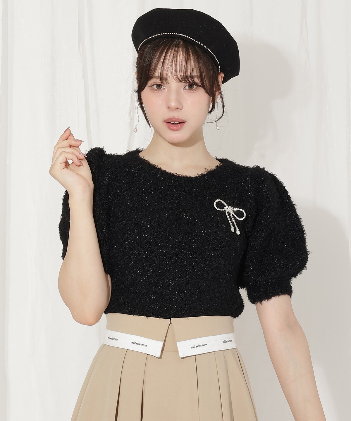 リボンブローチ付きテディヤーンニット