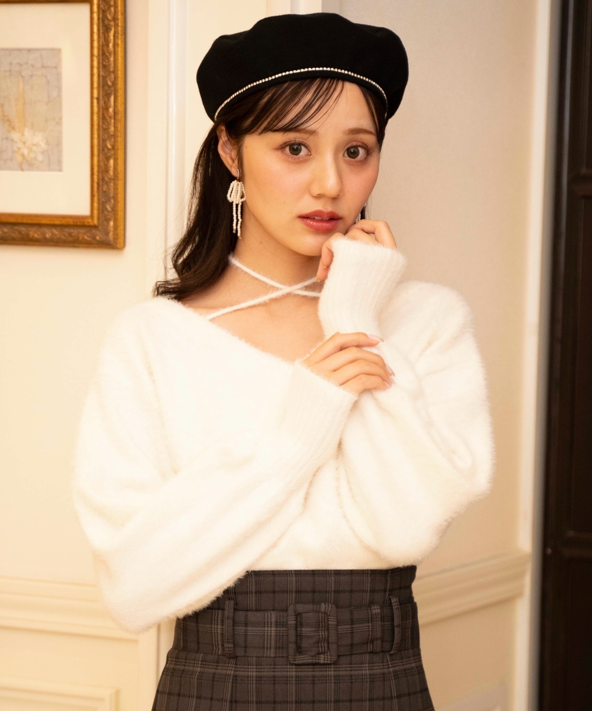 クロスネックカシュクールフェザーニット