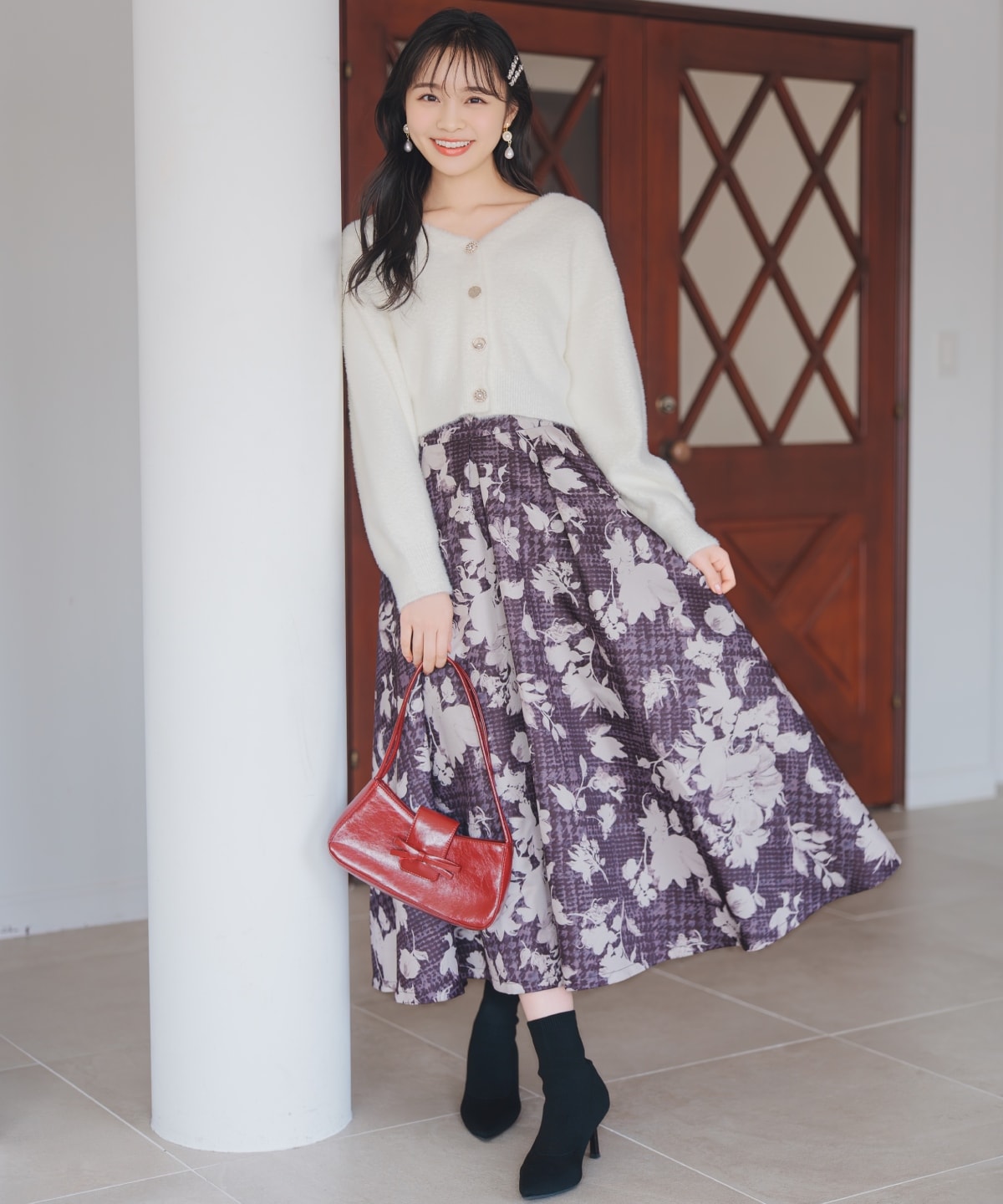 千鳥フラワープリントボリュームタックスカート