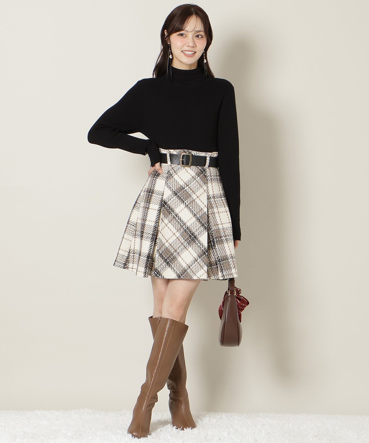 ベルト付きツイードミニスカート