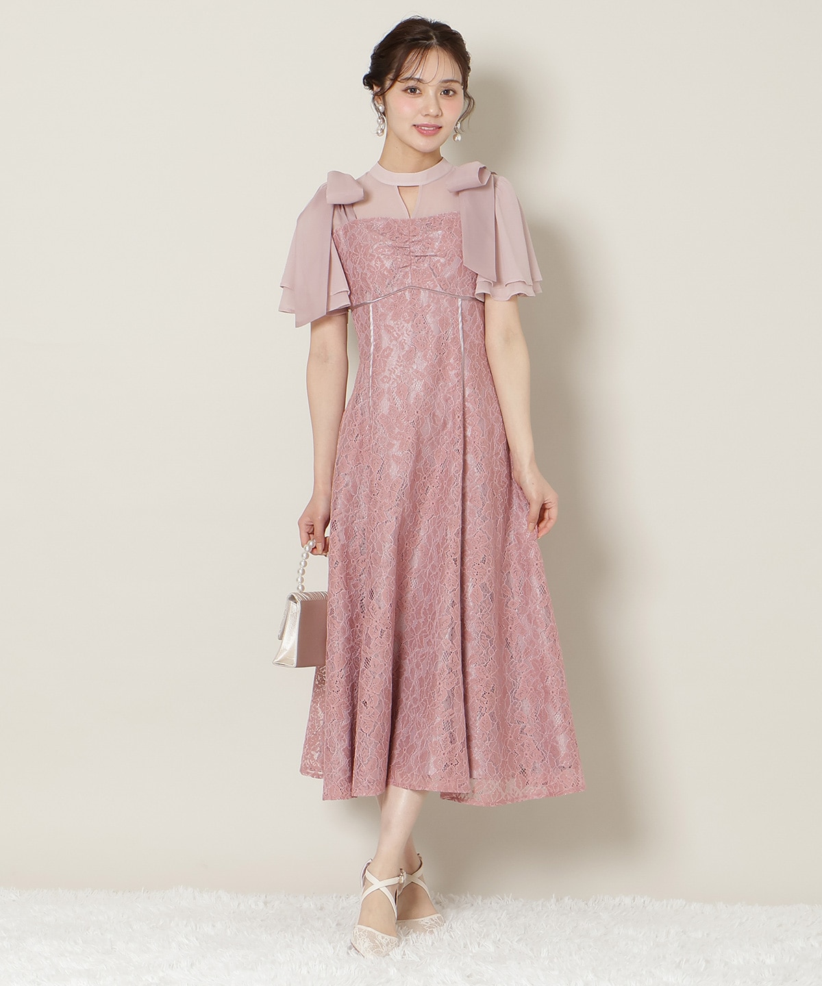 肩リボンパイピングレースワンピース