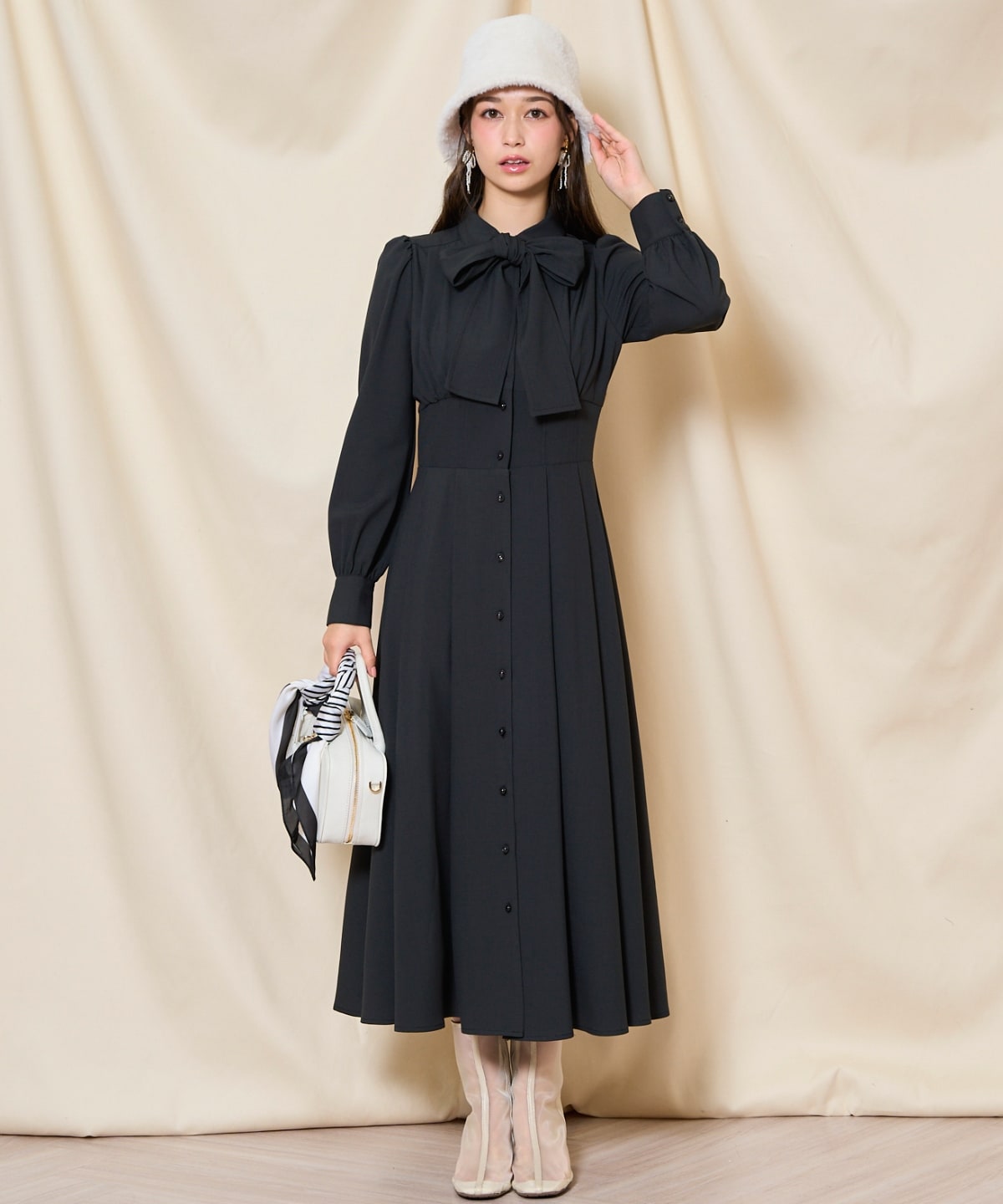 リボンタイコルセットシャツワンピース(F モカストライプ