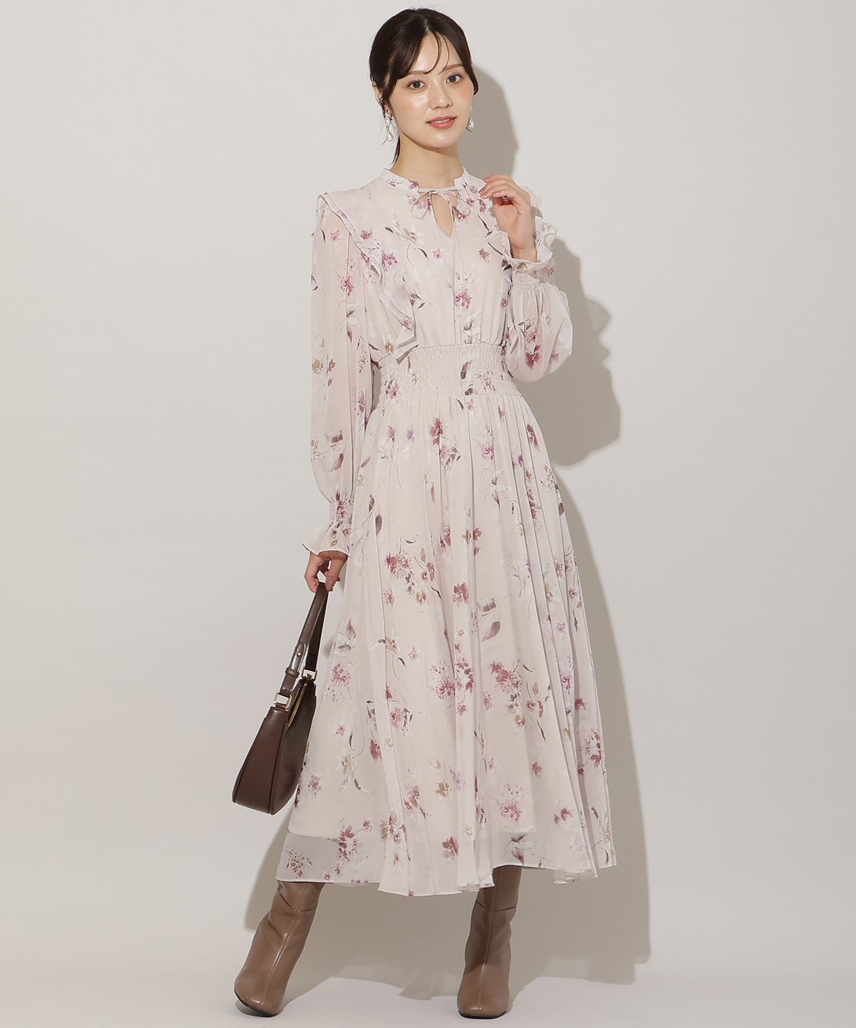 フラワープリントウエストシャーリングワンピース