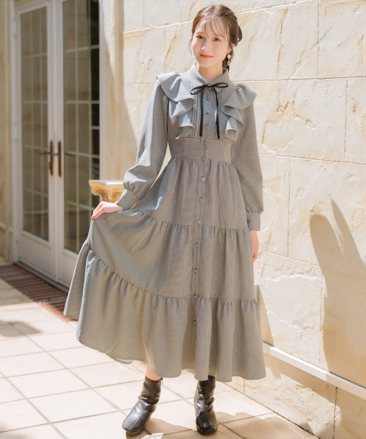 リボンタイティアードシャツワンピース