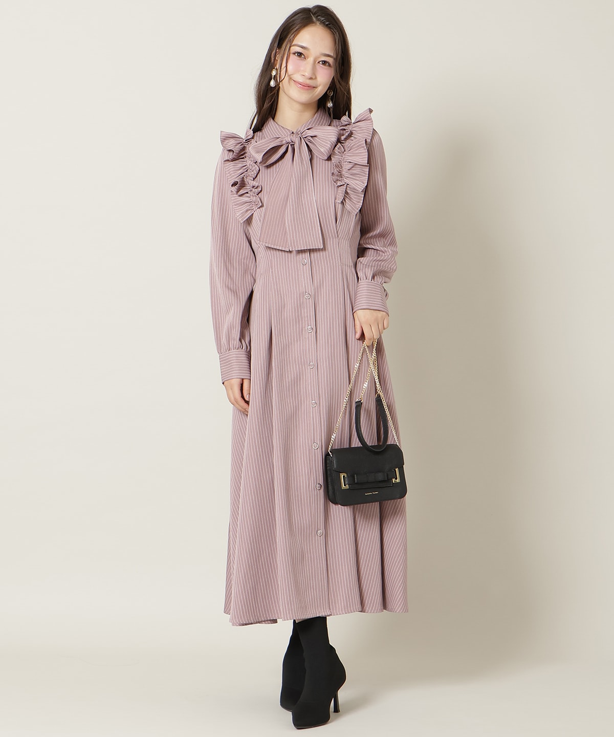 ショルダーフリルリボンタイシャツワンピース