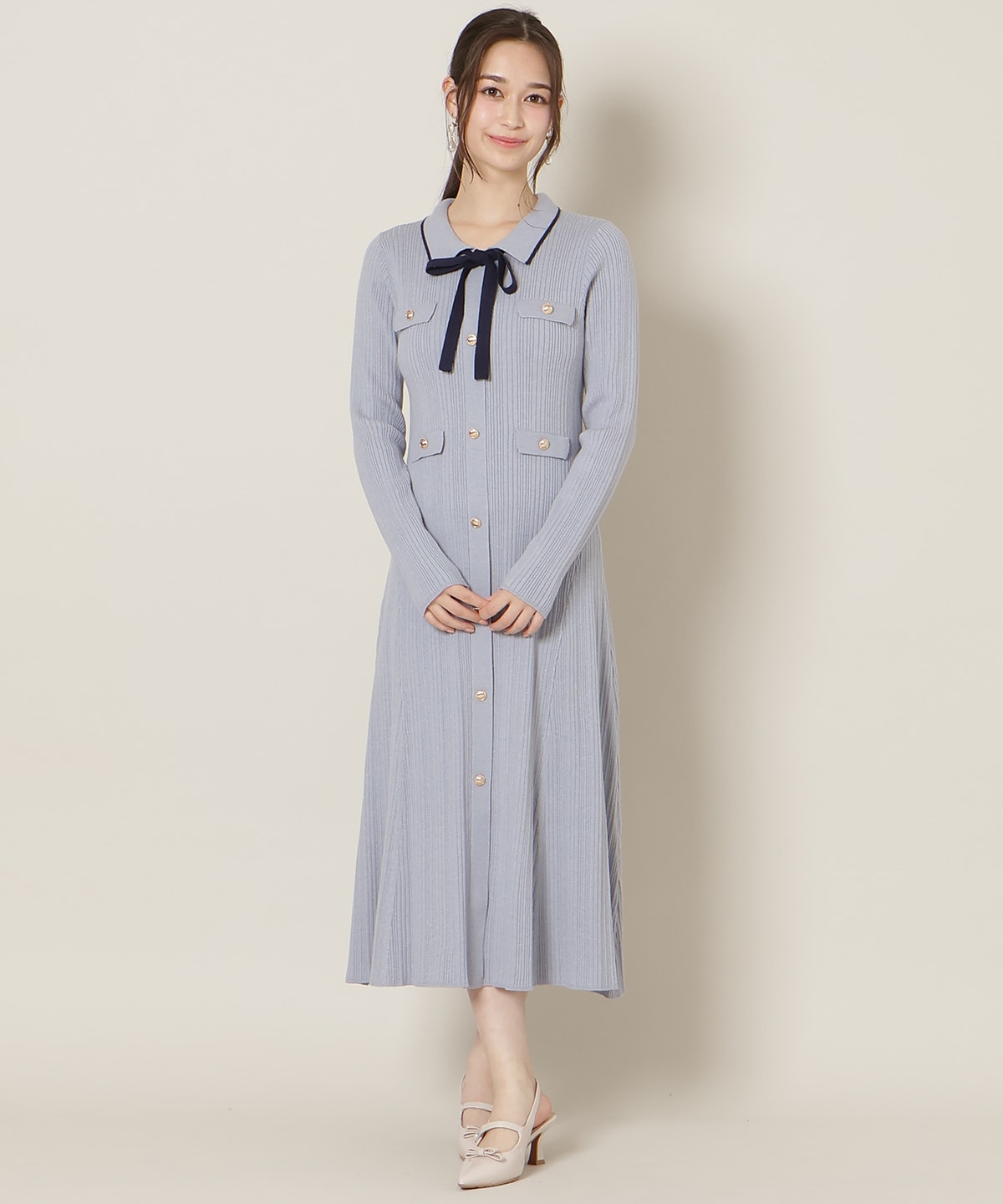 フロントボタンリボンタイニットワンピース