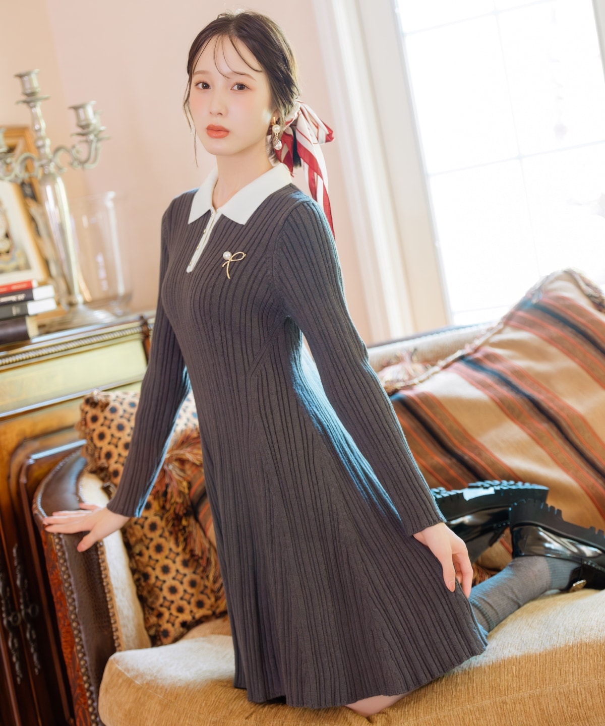 ポロカラーフレアニットワンピース