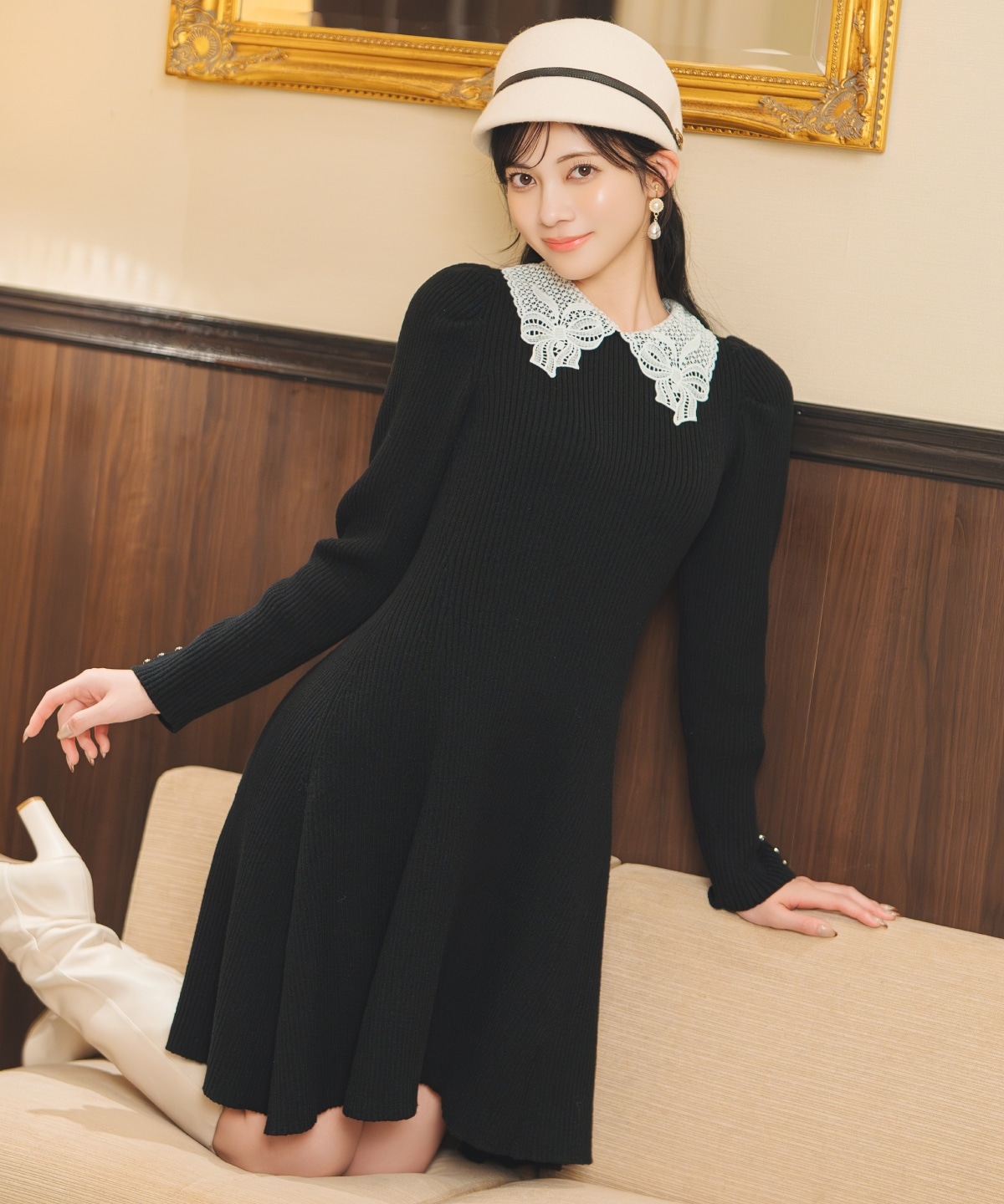 【12/5(fri)10時発売】リボンレースカラーニットワンピース