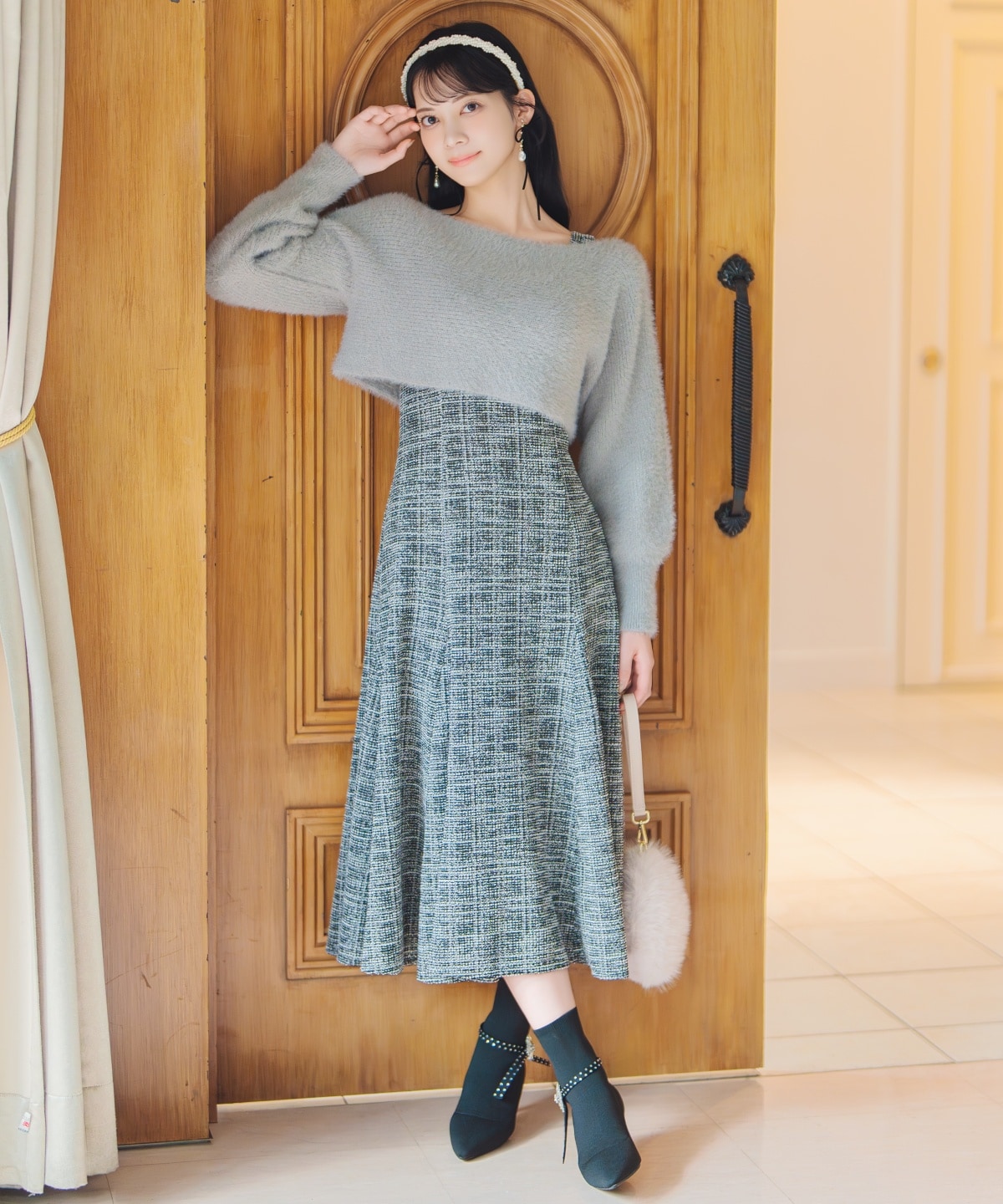 【12/5(fri)10時発売】カットツイードワンピース×フェザーニットSET