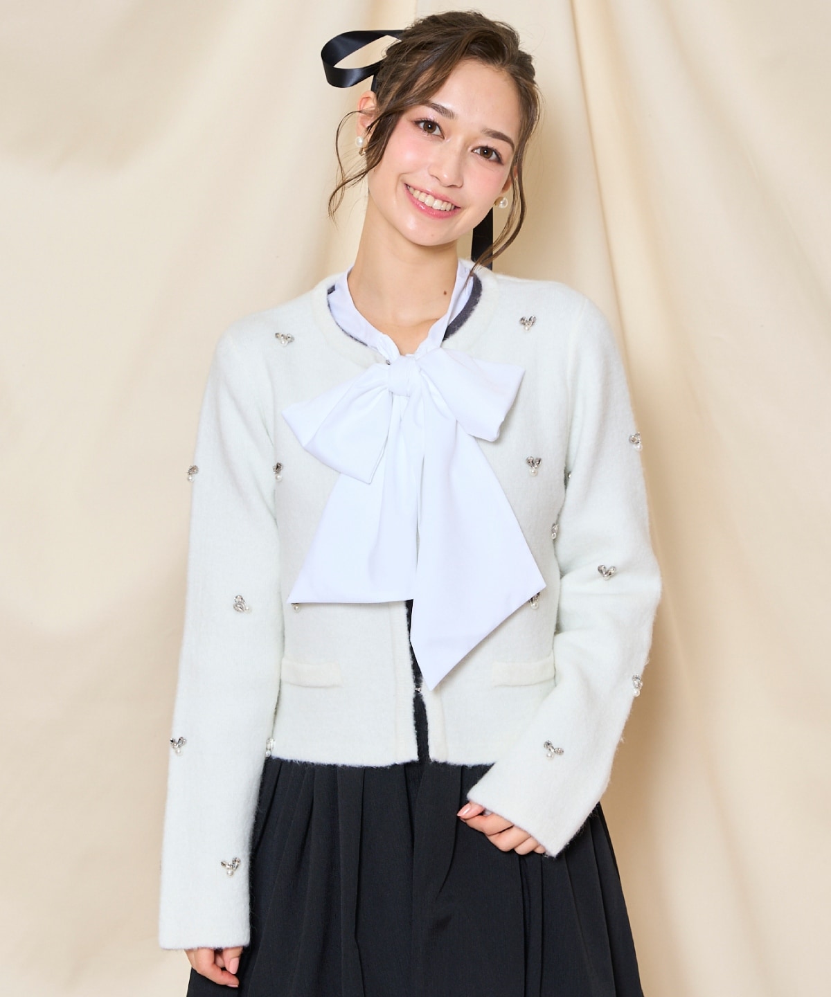 ビジューニットジャケット USAGI ONLINE限定カラー】ビジューニットジャケット（ノーカラー