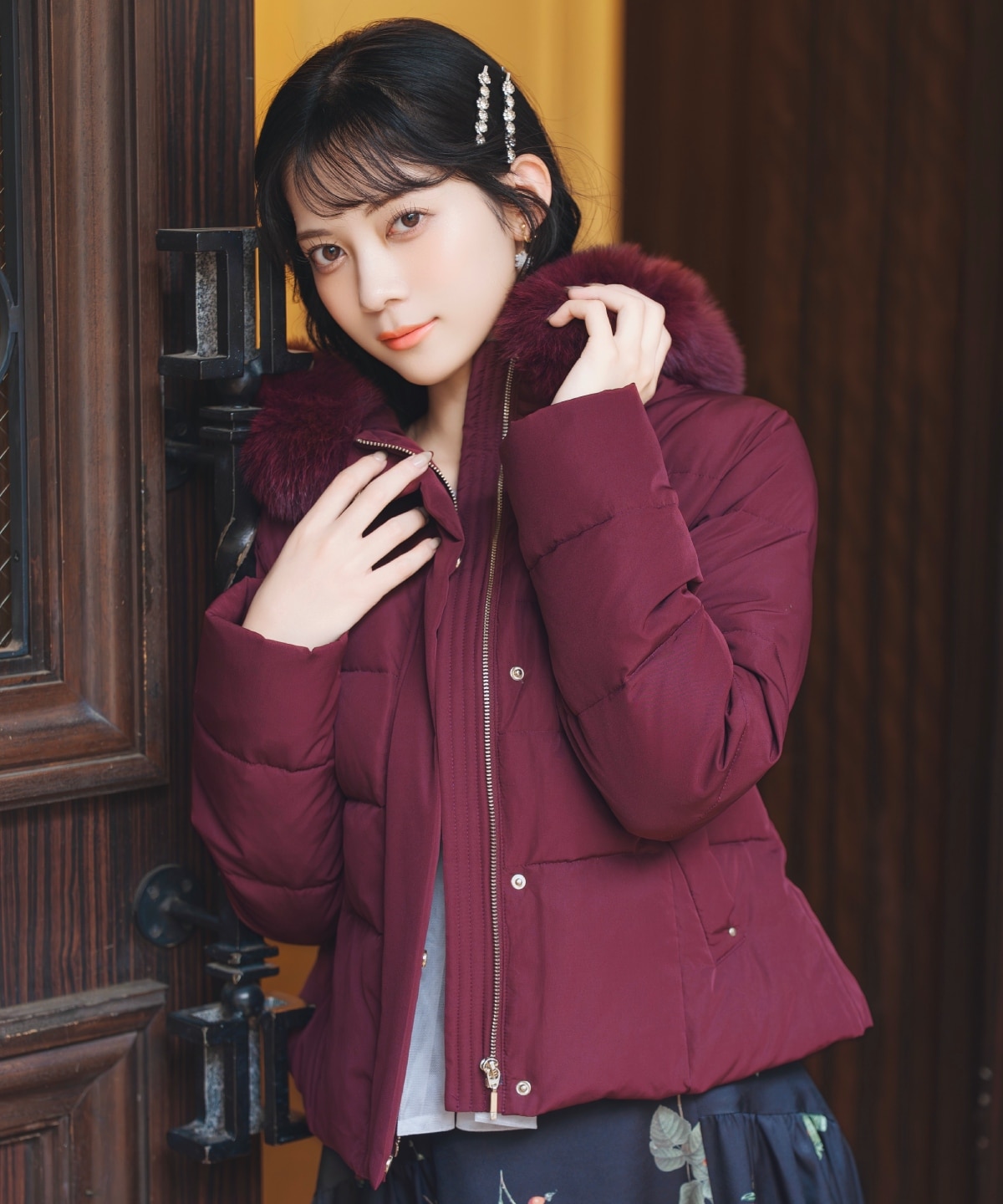 フードファーペプラムショートダウン