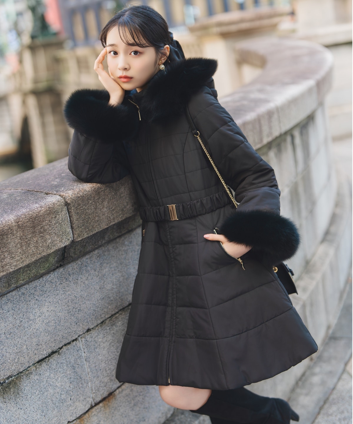 フォックスファーキルティングフレアコート