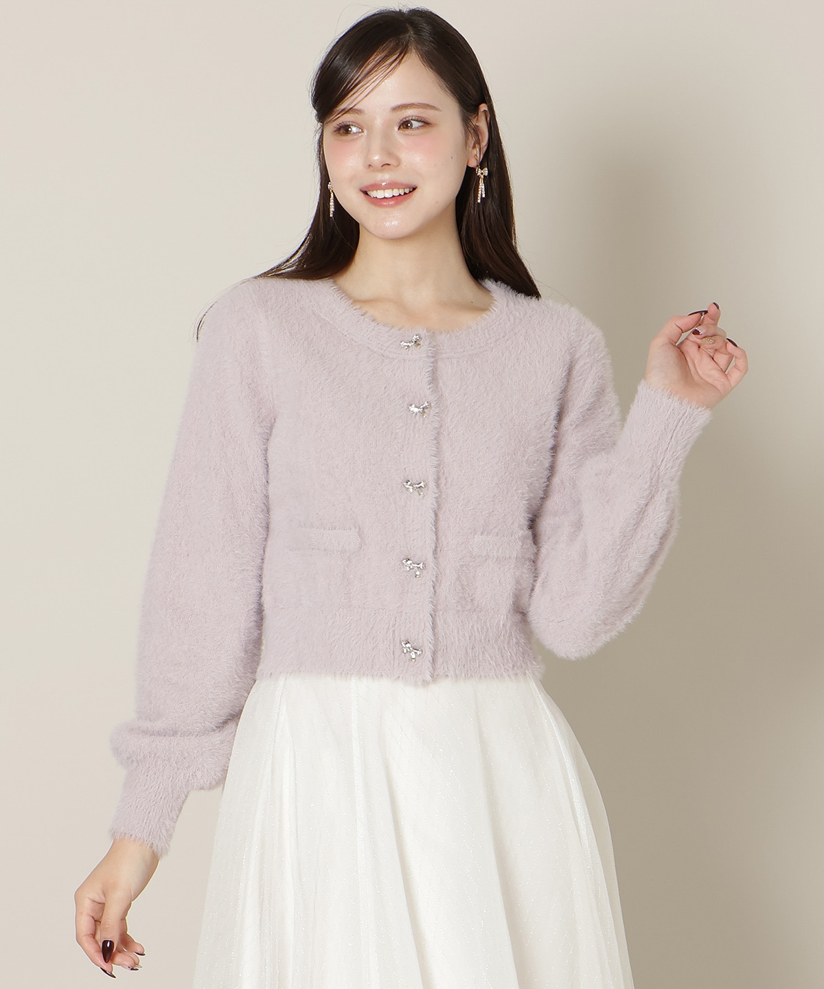 【1/1(thu)10時発売 New Year's Item】リボンボタンフェザーカーディガン