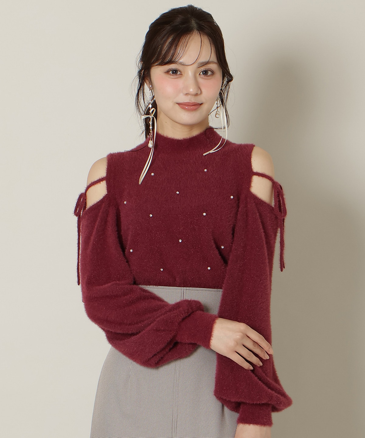 パールビジューフェザーニットトップス