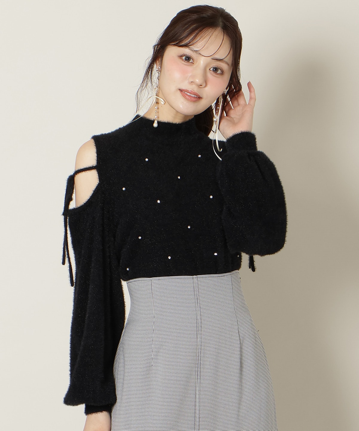 パールビジューフェザーニットトップス