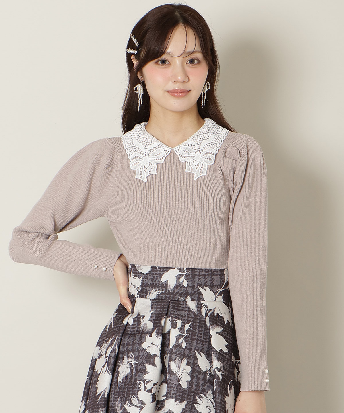 リボンレースカラータックスリーブニット