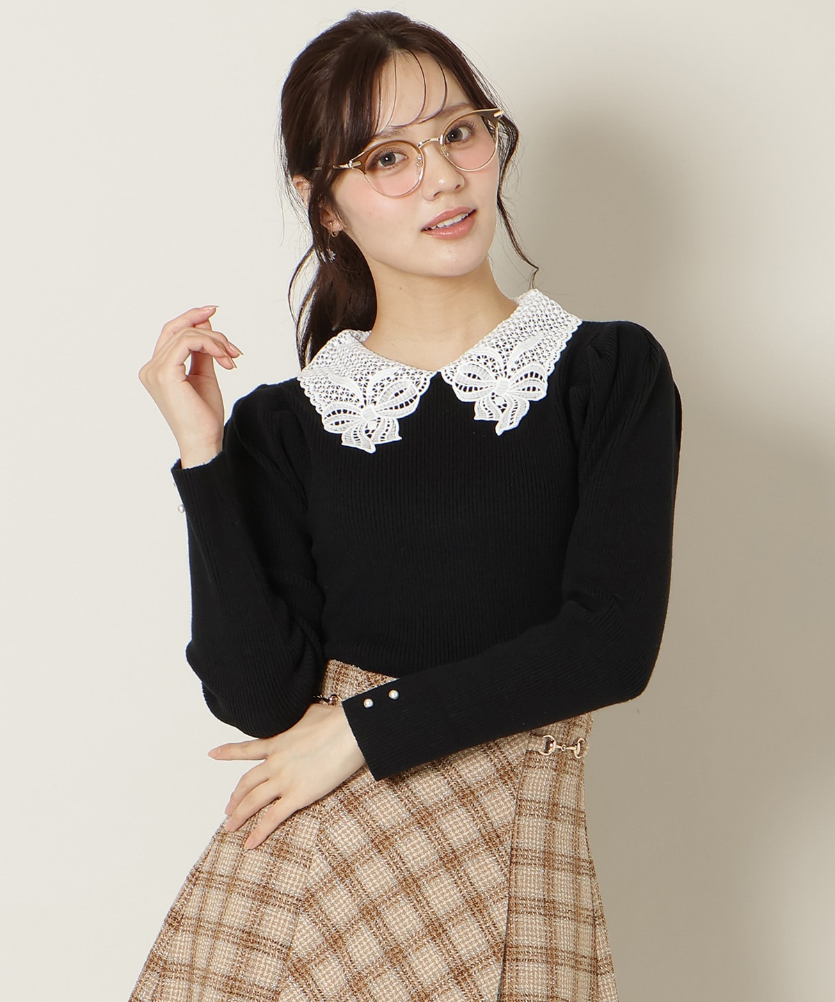 リボンレースカラータックスリーブニット