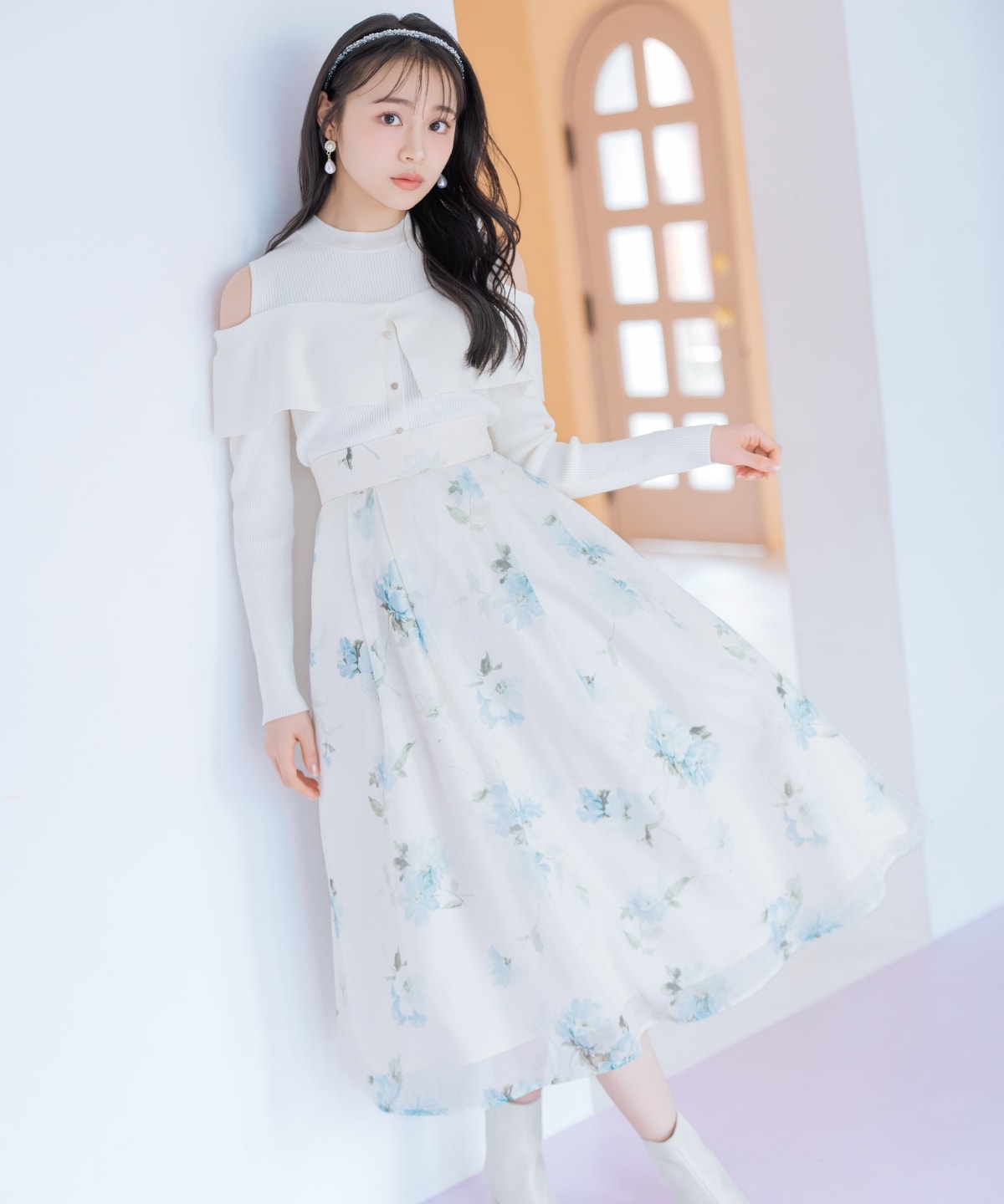 フラワープリントシアータックスカート