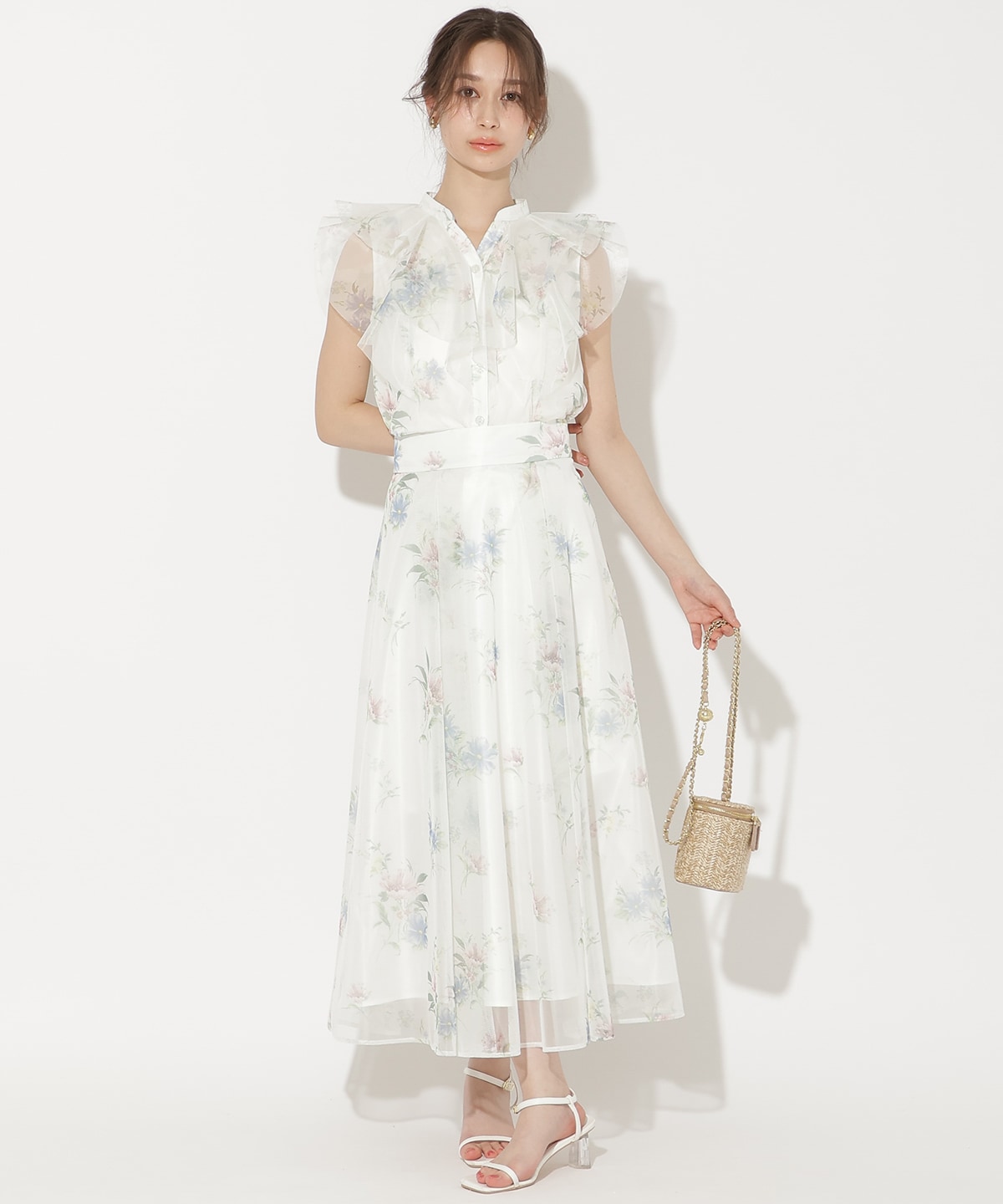 フラワーメッシュタックフレアスカート