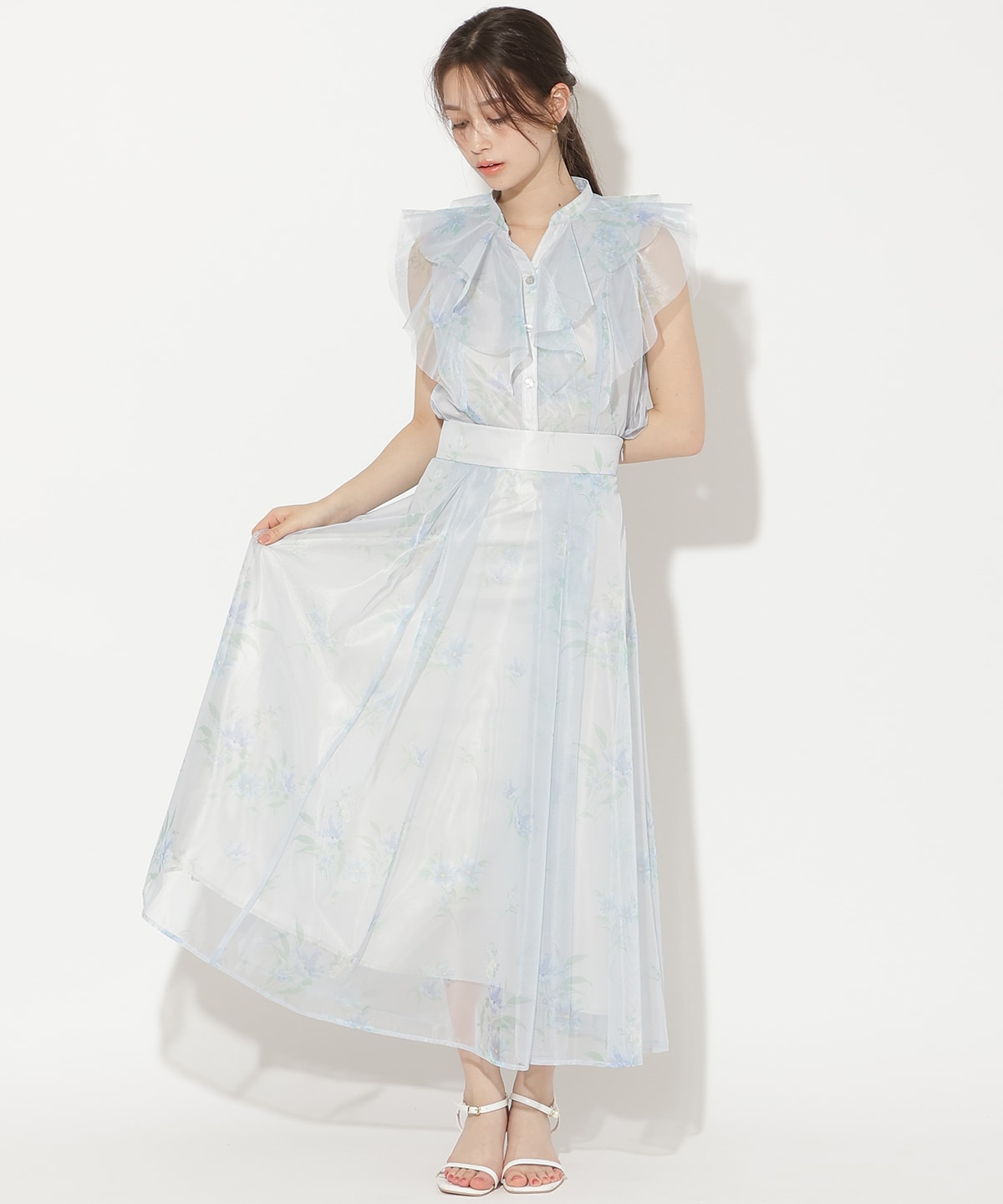 フラワーメッシュタックフレアスカート