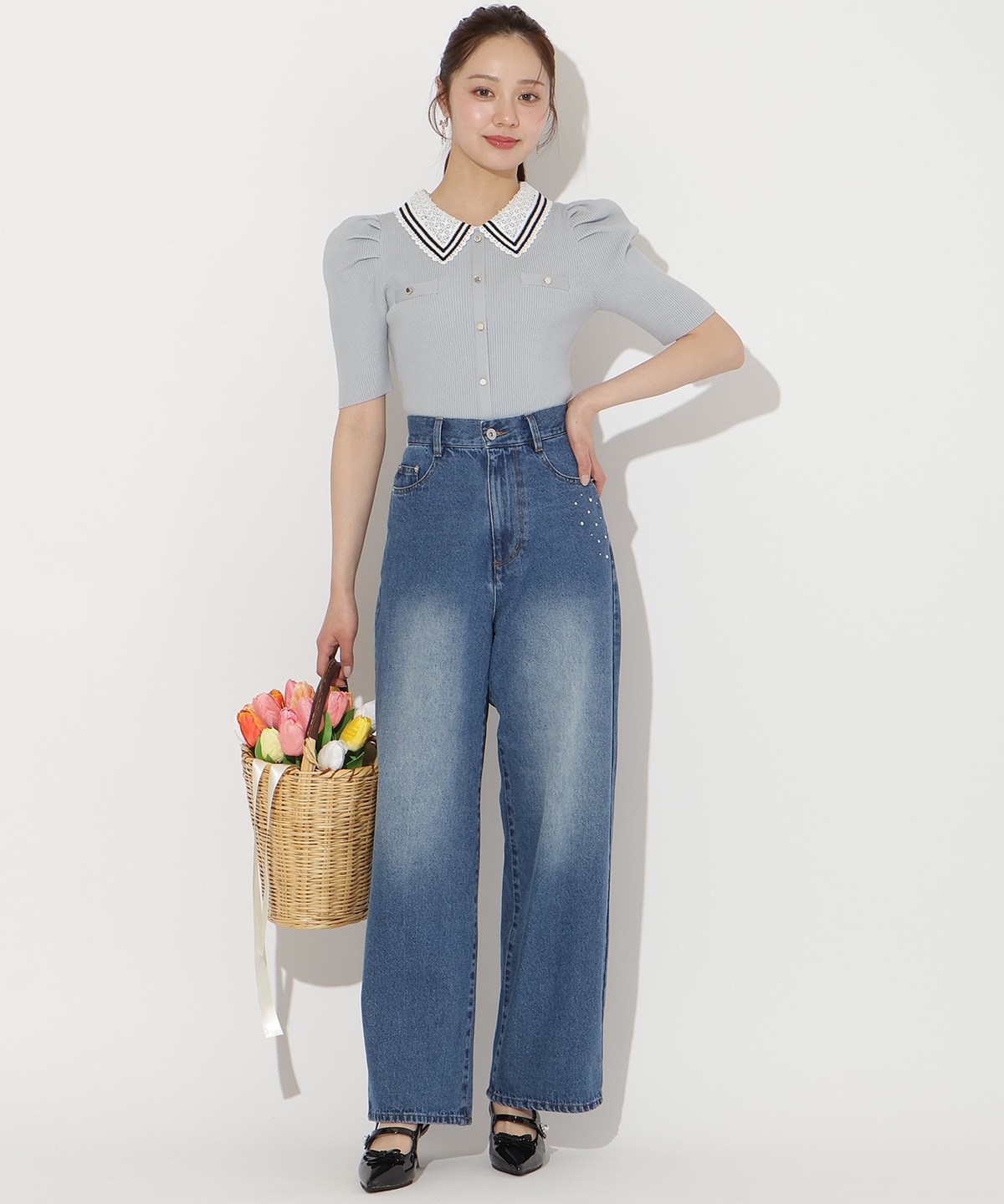 ビジューポケットワイドデニムパンツ