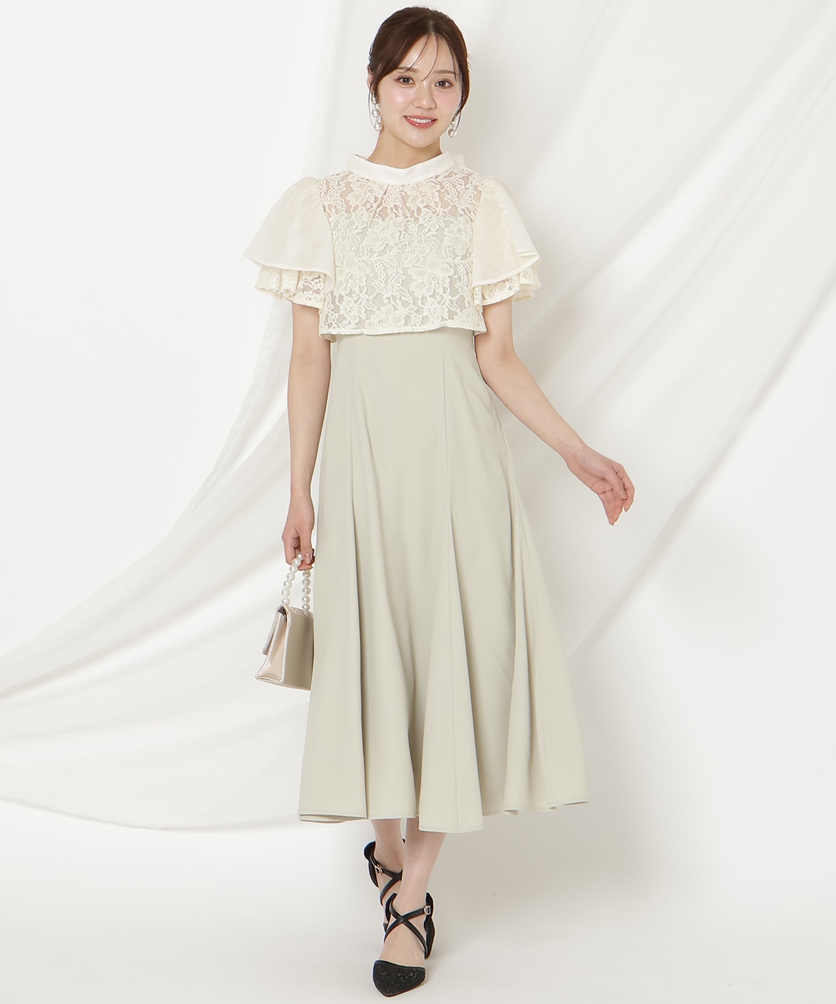 バックリボンシフォンレースブラウス×フレアロングキャミワンピース