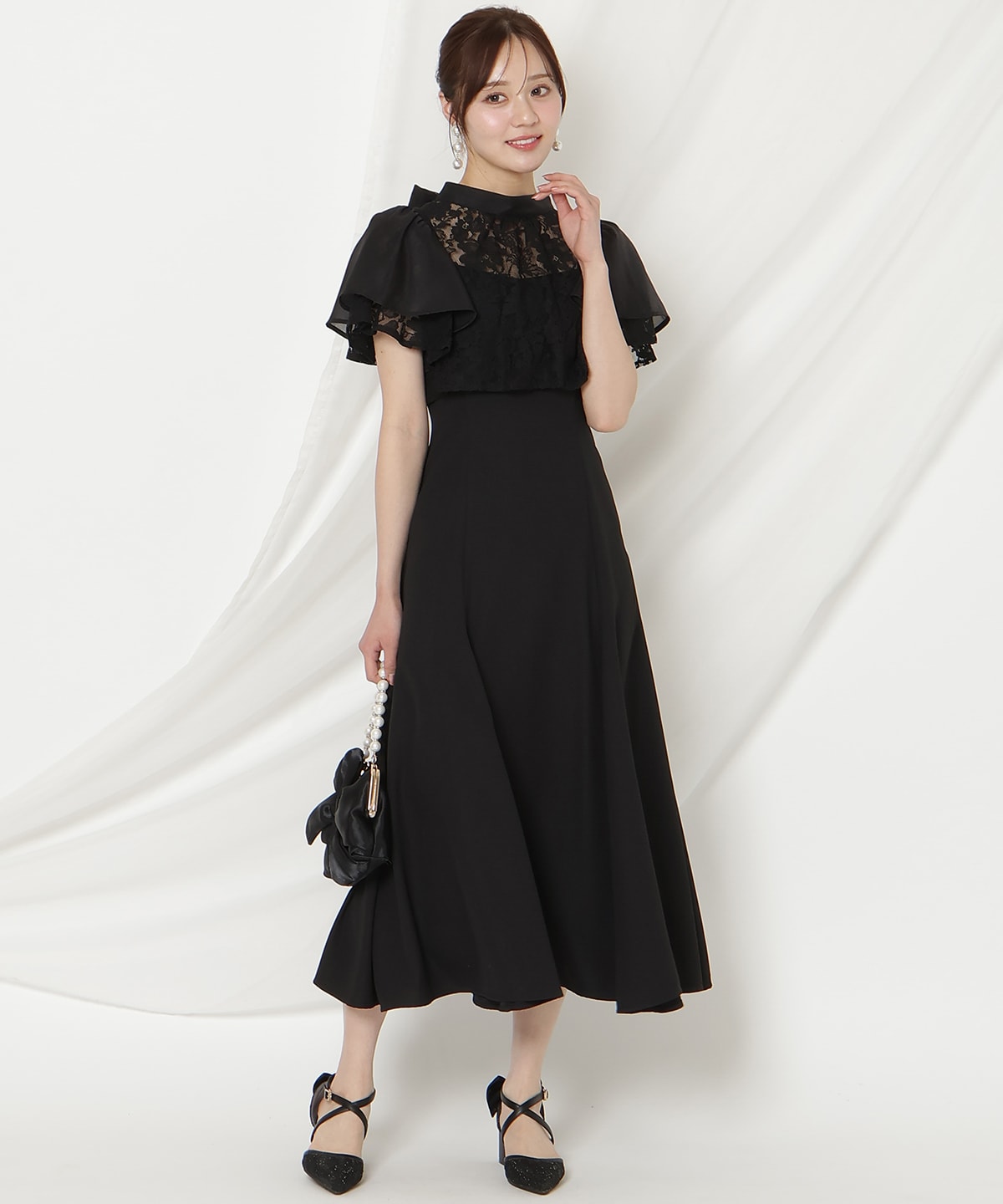 バックリボンシフォンレースブラウス×フレアロングキャミワンピース