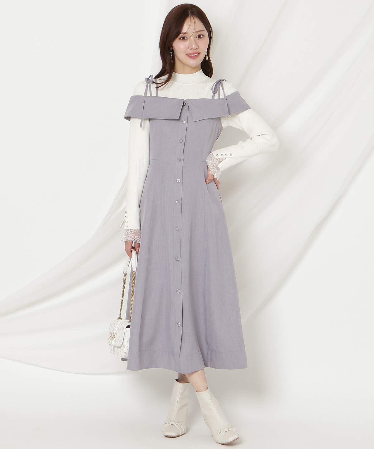 リボンストラップオフショルキャミワンピース