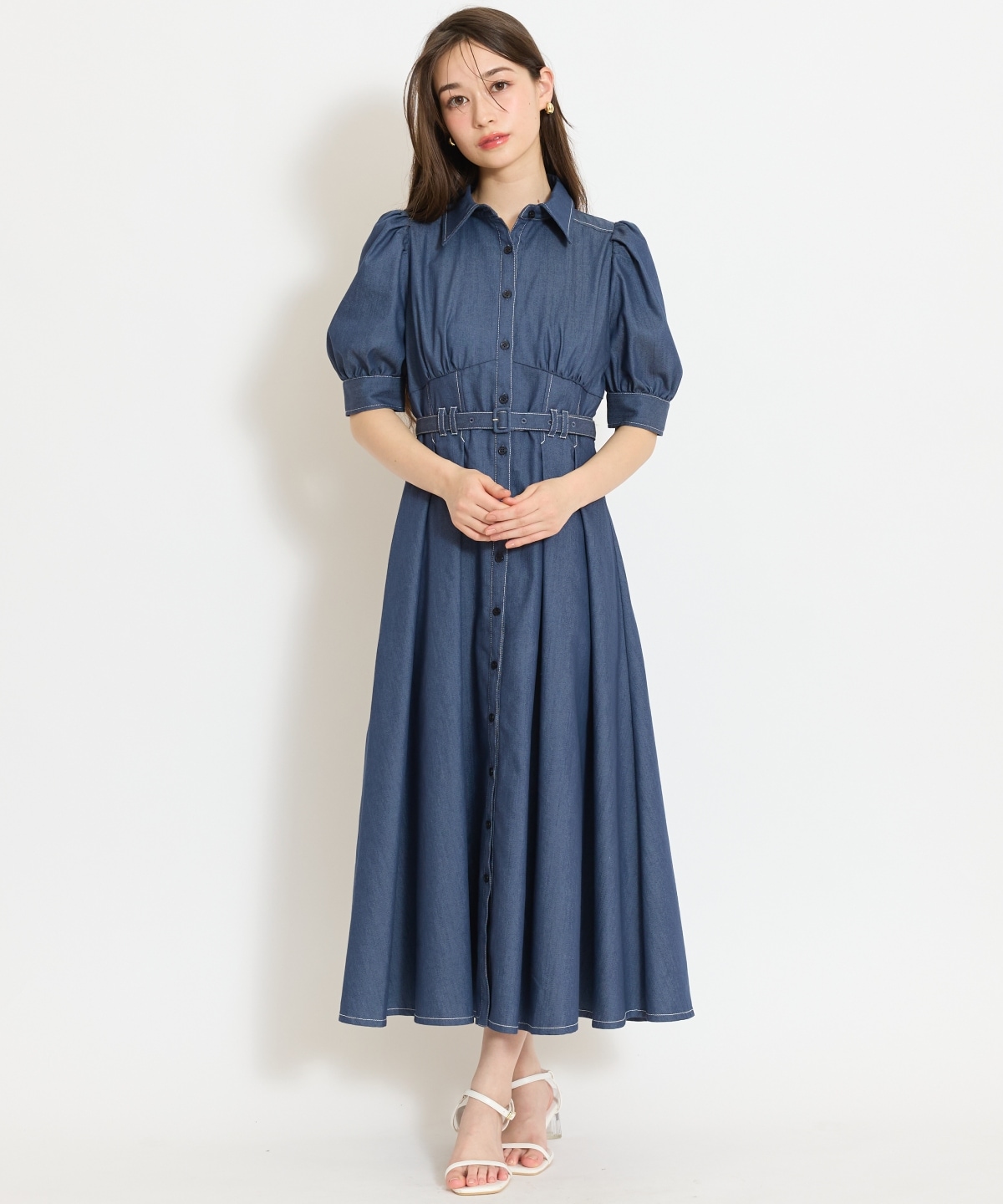 ベルト付きタックスリーブフレアワンピース