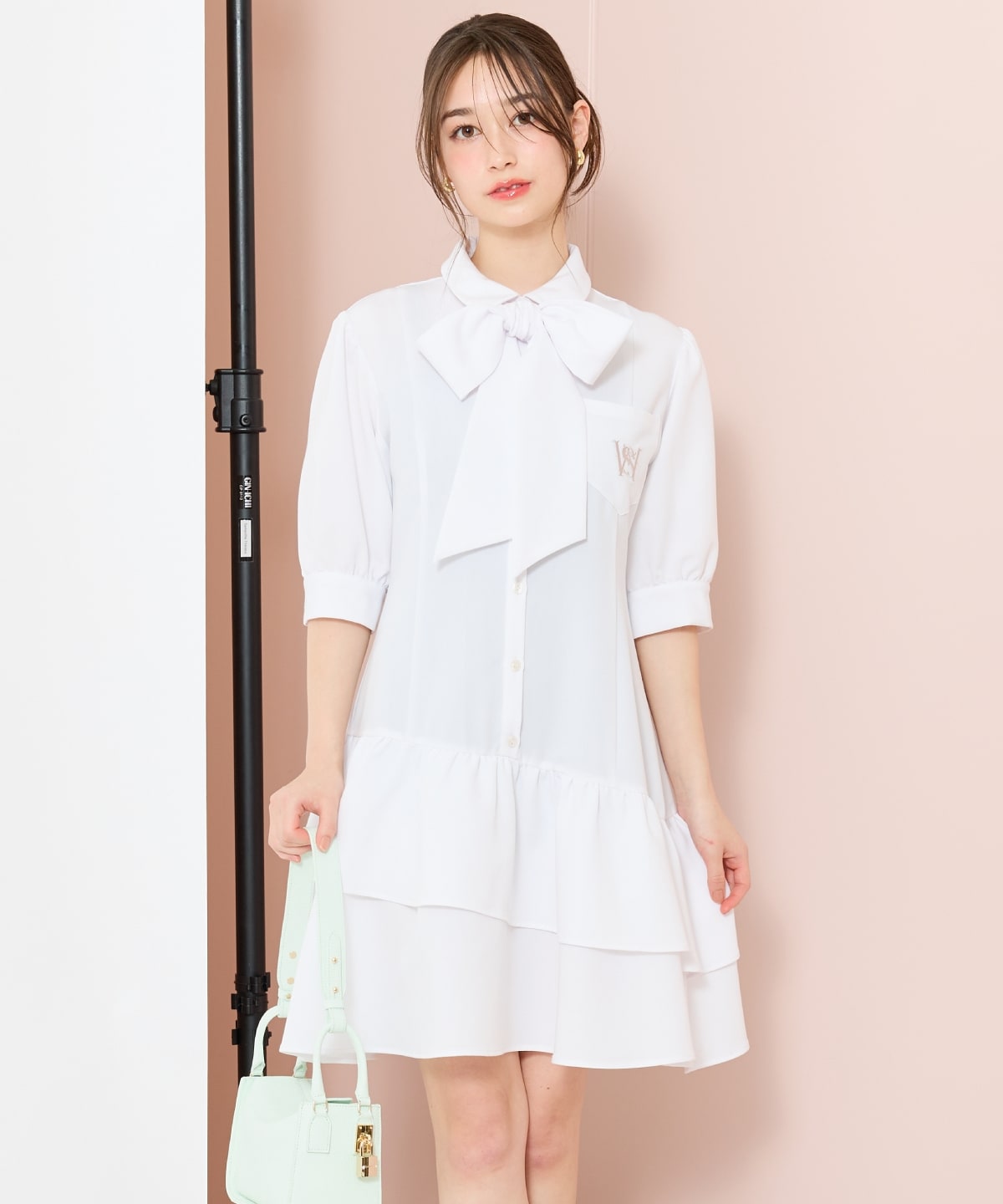 ティアードフリルリボンタイシャツワンピース