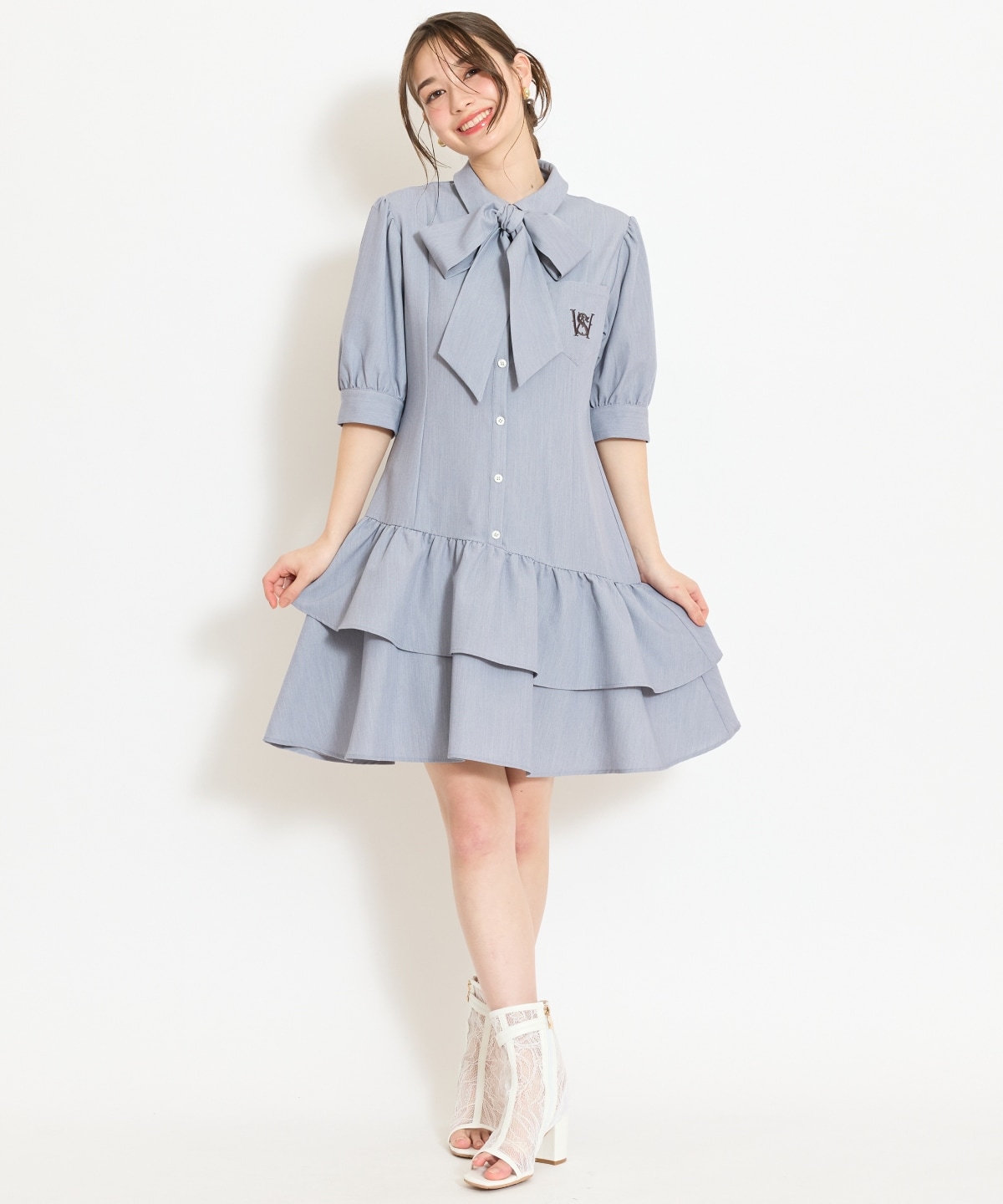ティアードフリルリボンタイシャツワンピース