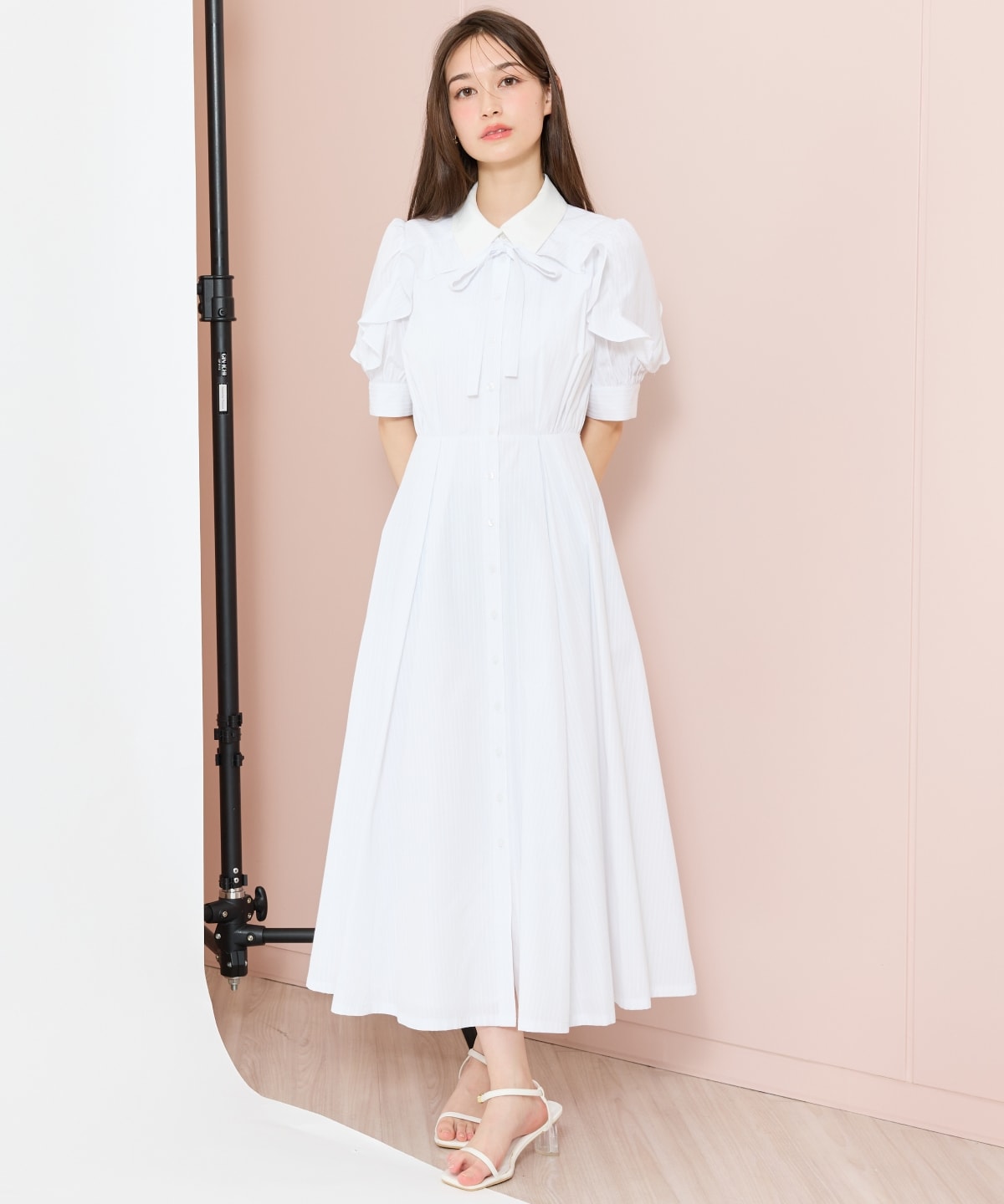 ラッフルパフスリーブシャツワンピース