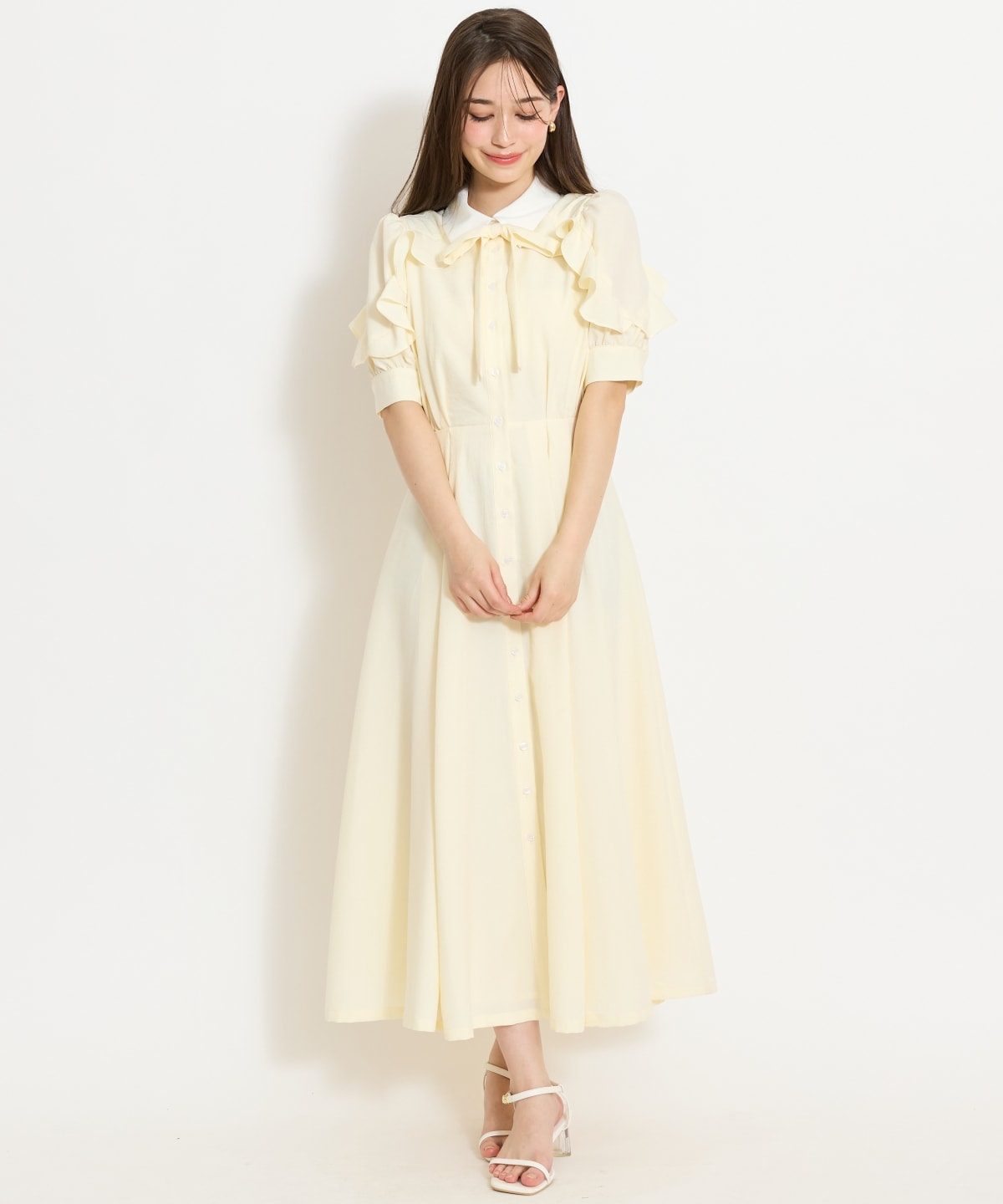 ラッフルパフスリーブシャツワンピース