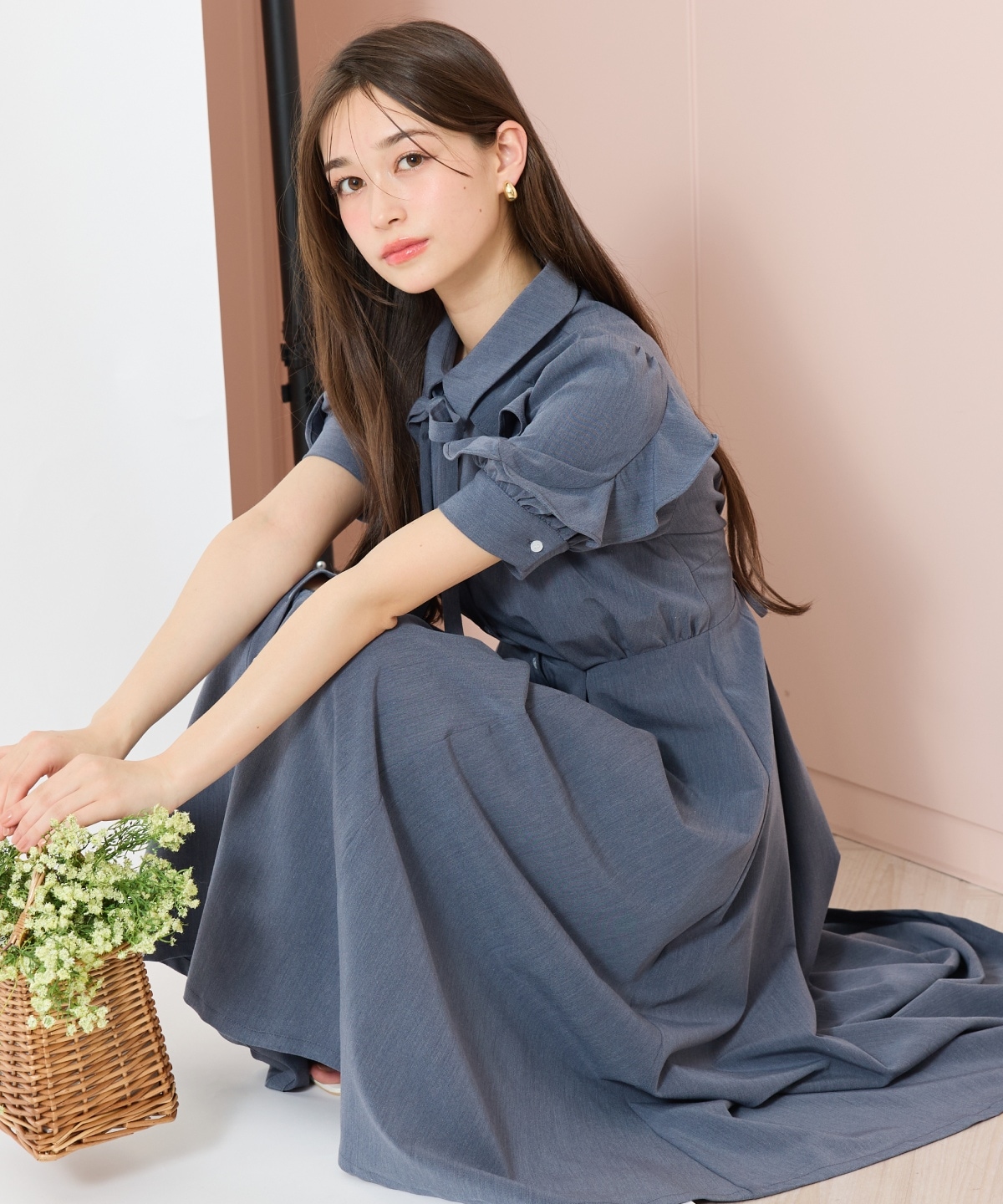 ラッフルパフスリーブシャツワンピース