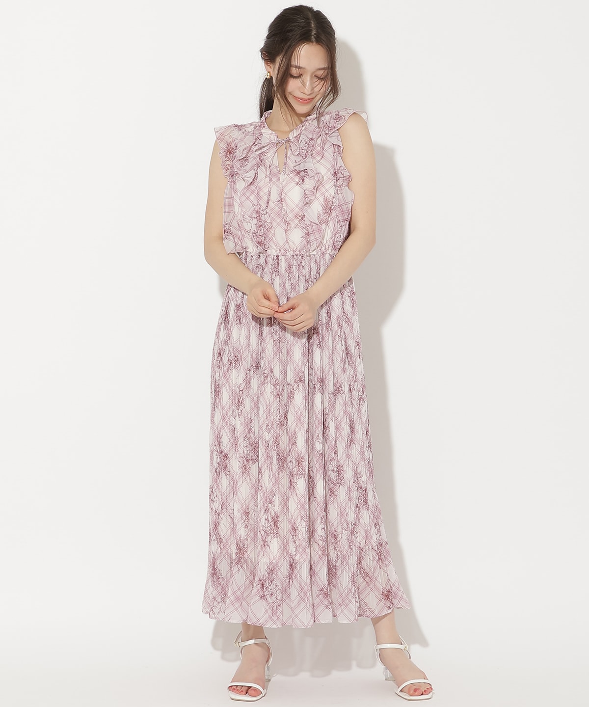 フラワーチェックプリントプリーツ切替ワンピース