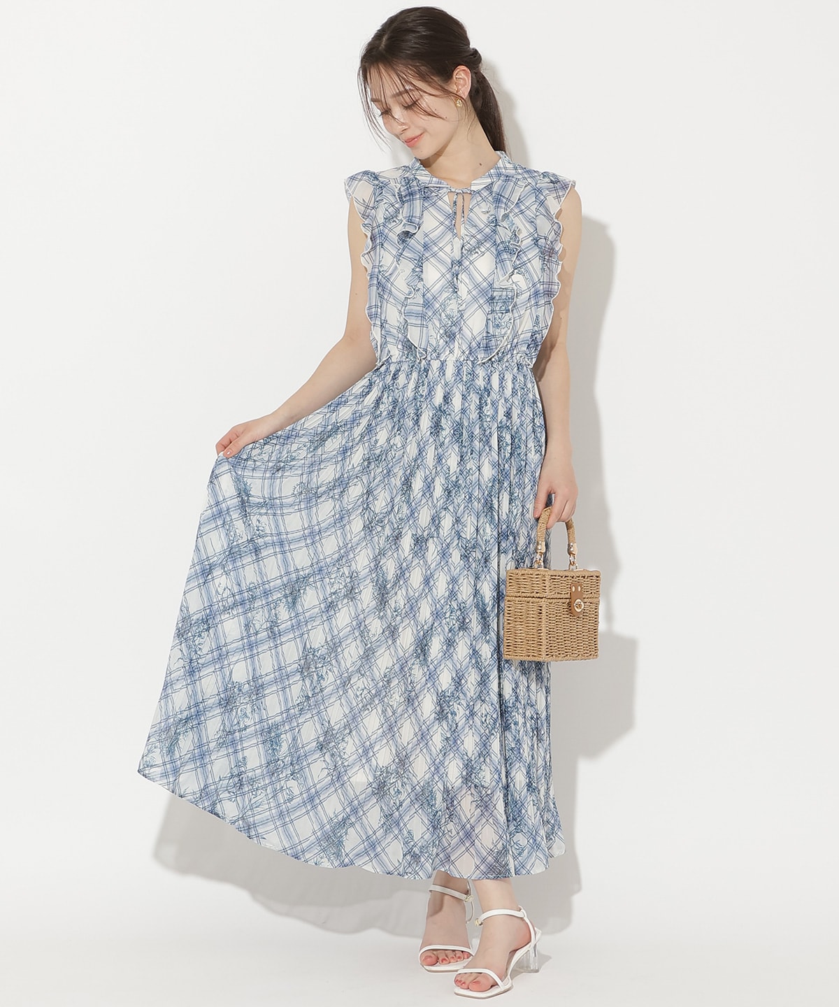 フラワーチェックプリントプリーツ切替ワンピース