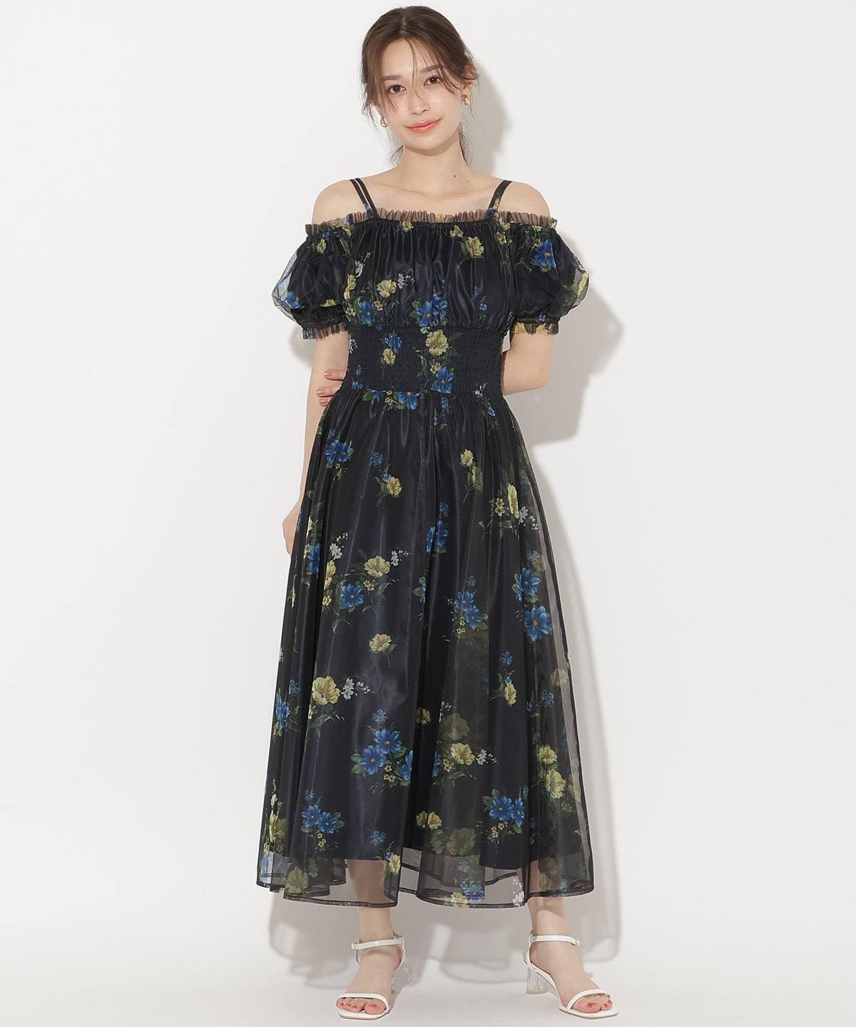 フラワーメッシュオフショルワンピース