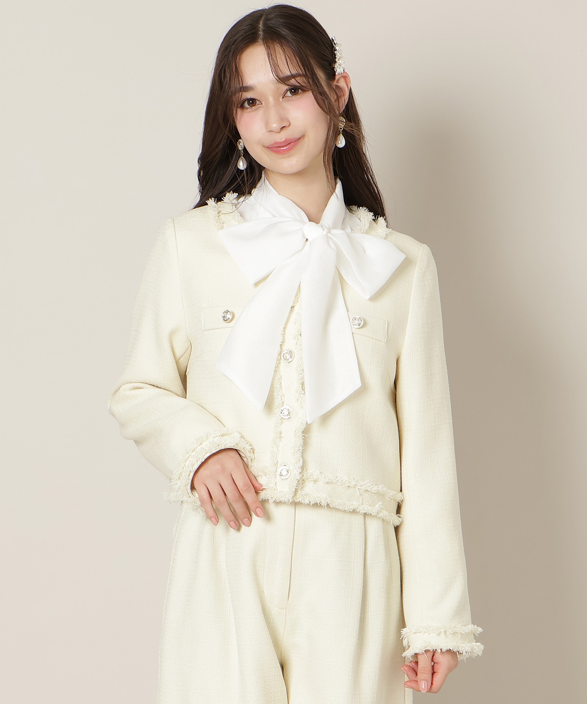 ノーカラーフリンジツイードジャケット