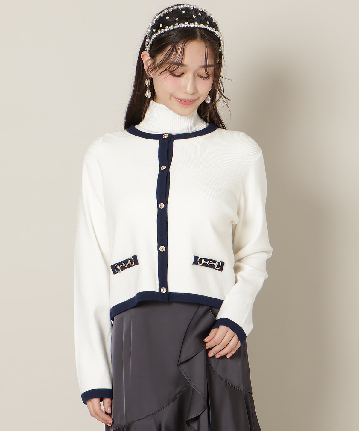 バイカラーアンサンブル【ハイネックトップス×カーディガンセット】