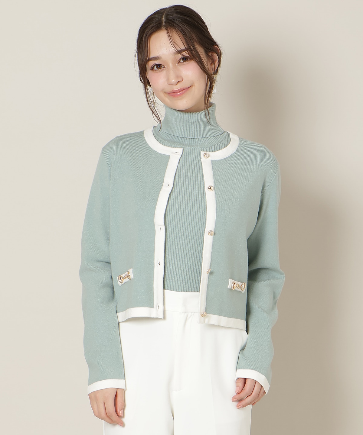 バイカラーアンサンブル【ハイネックトップス×カーディガンセット】