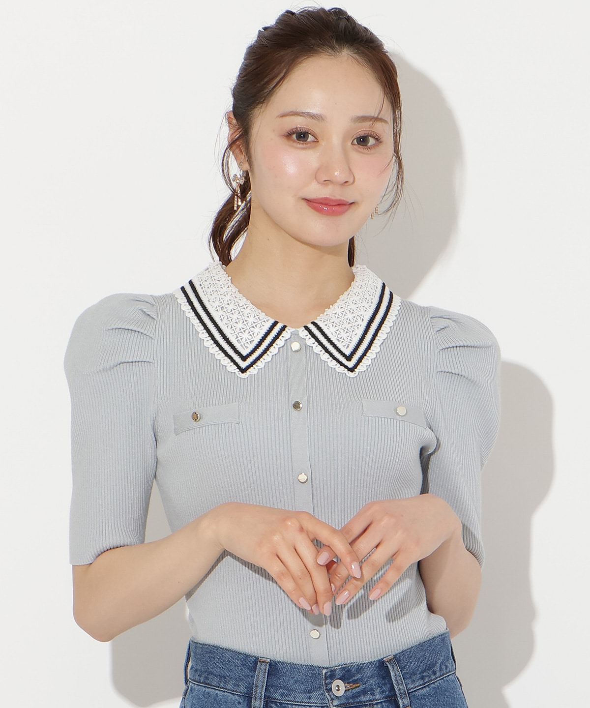 バイカラーレース襟リブニット