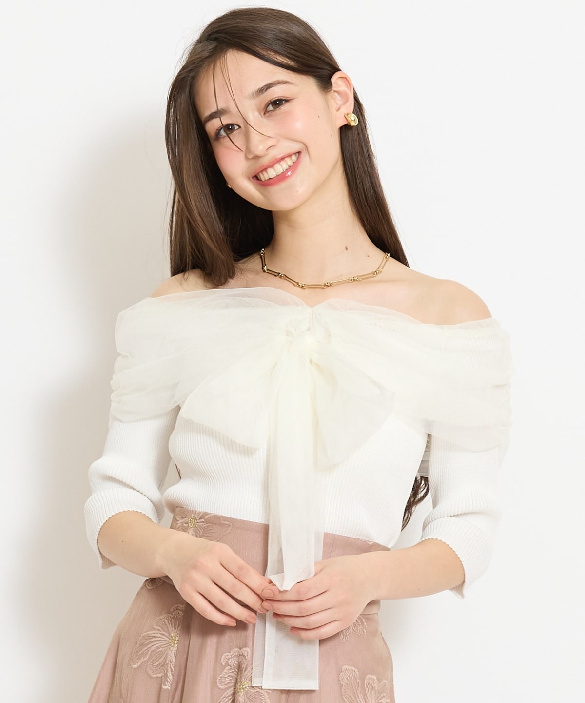 リボンチュールレイヤードリブニット