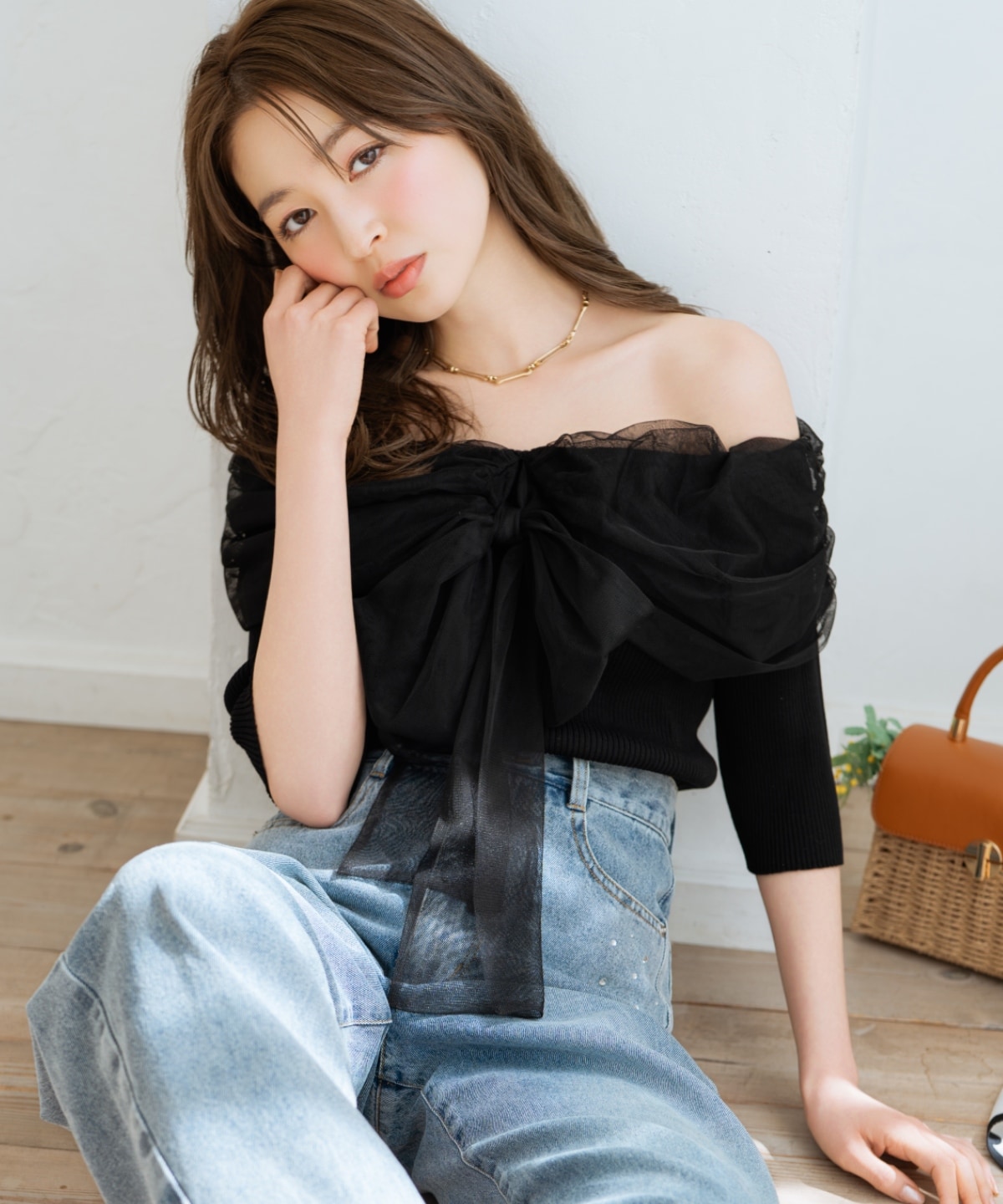 リボンチュールレイヤードリブニット