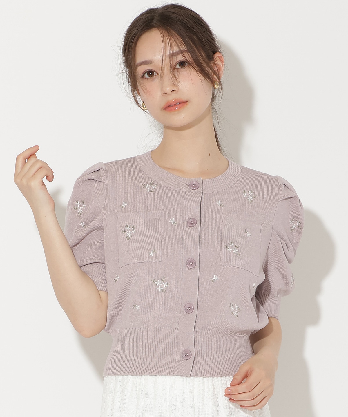 小花刺繍タックスリーブカーディガン